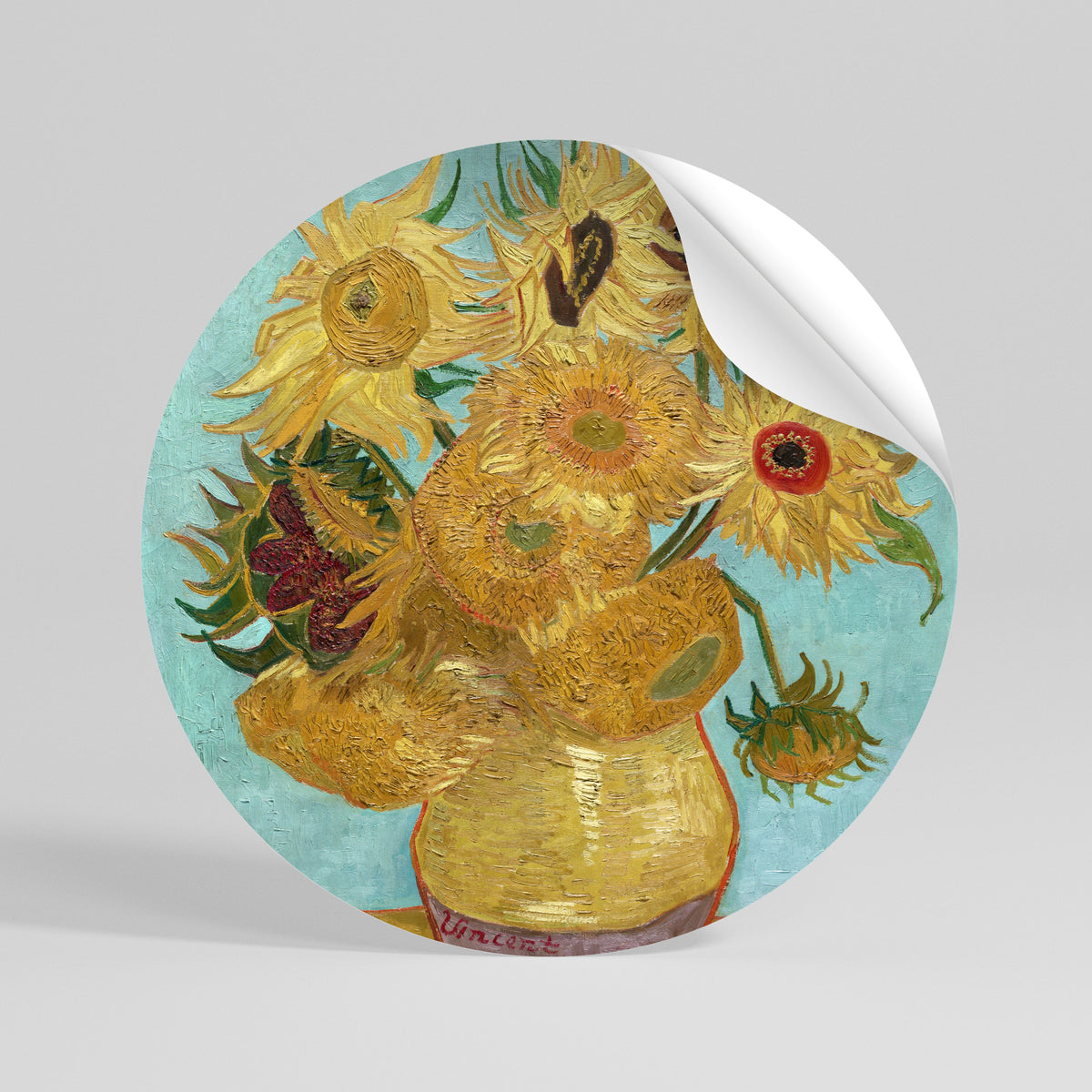 VASE WITH TWELVE SUNFLOWERS Peel and Stick Round Sticker