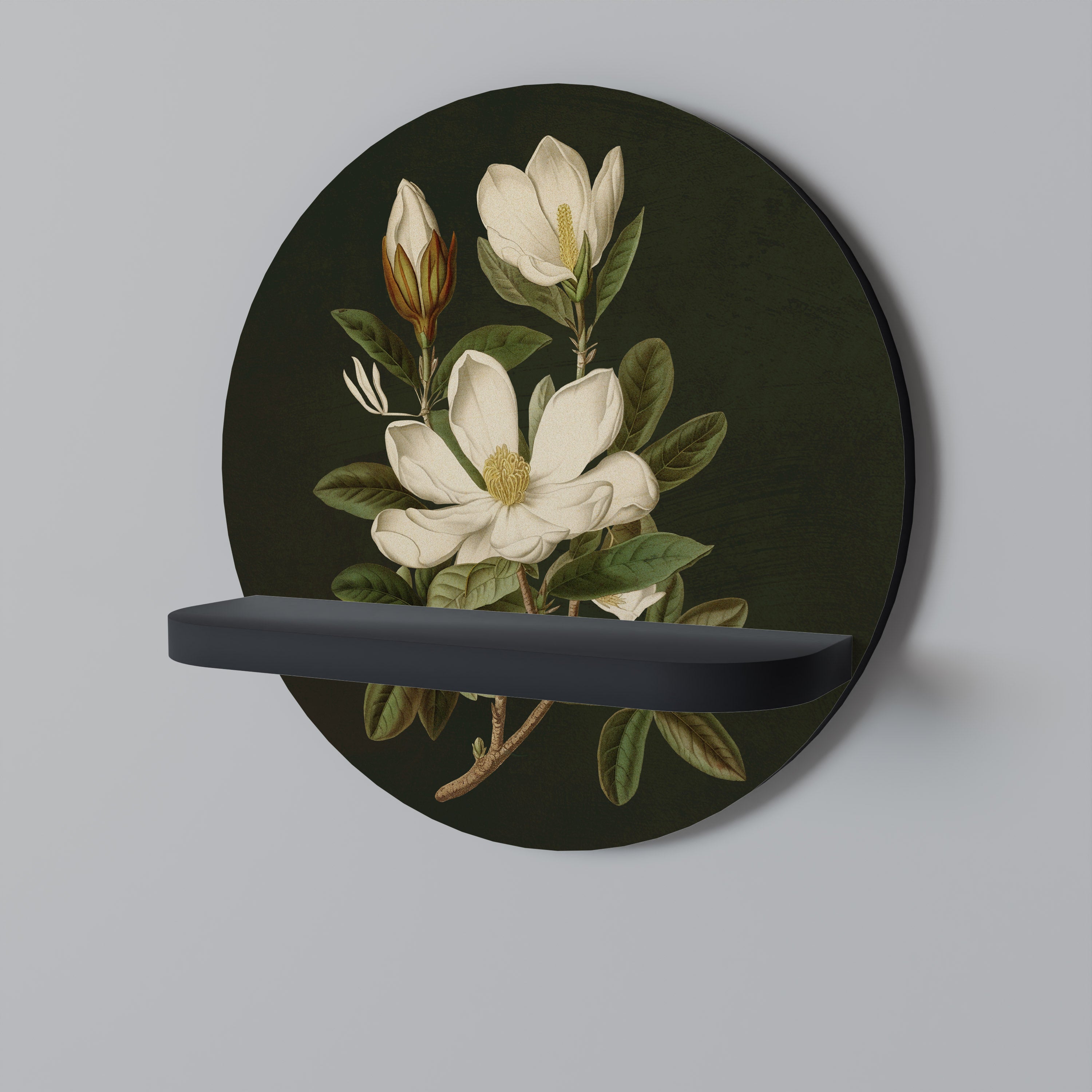 FLORAL NOIR Round Art Shelf In Black Finish