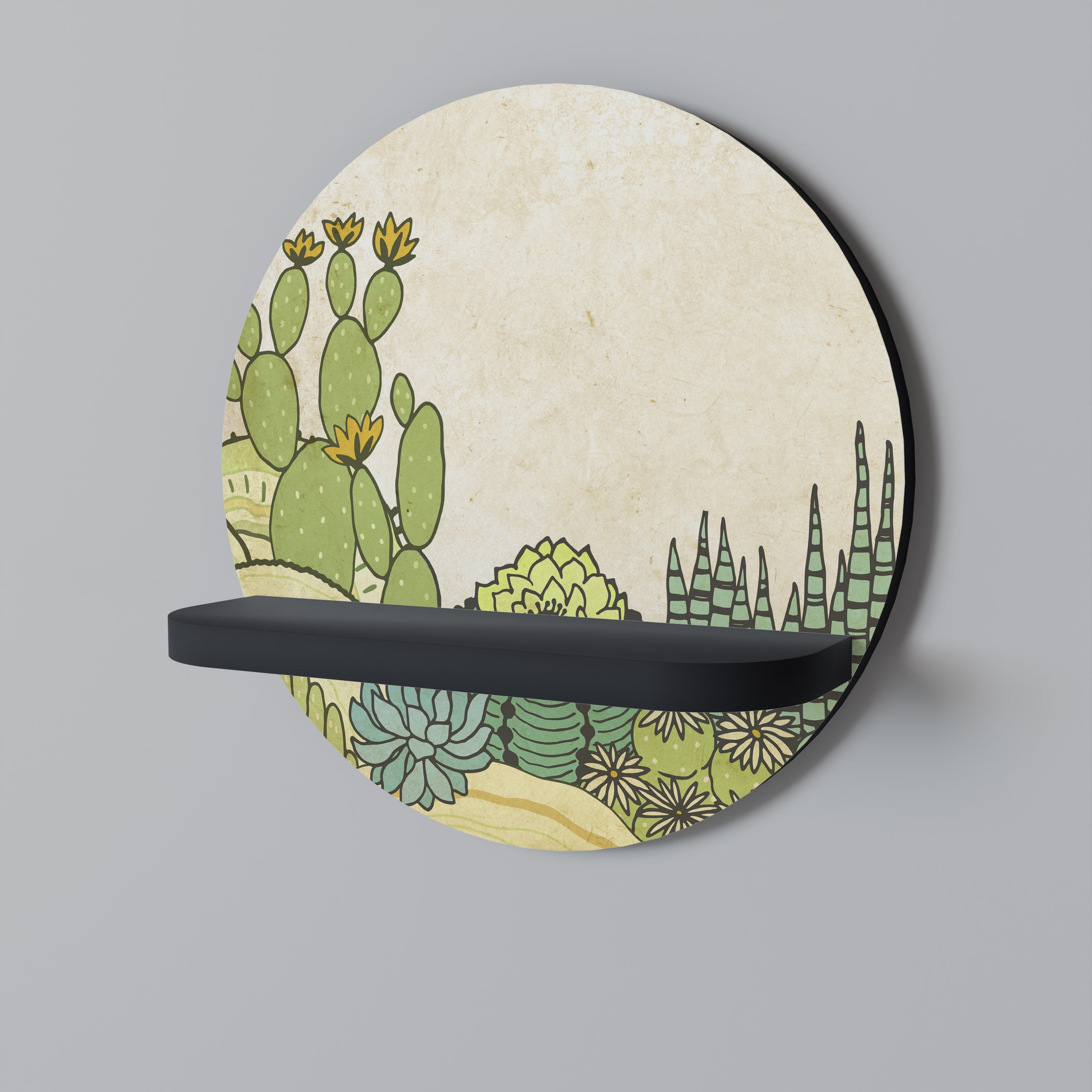 SUCCULENTS KALEIDOSCOPE Round Art Shelf In Black Finish