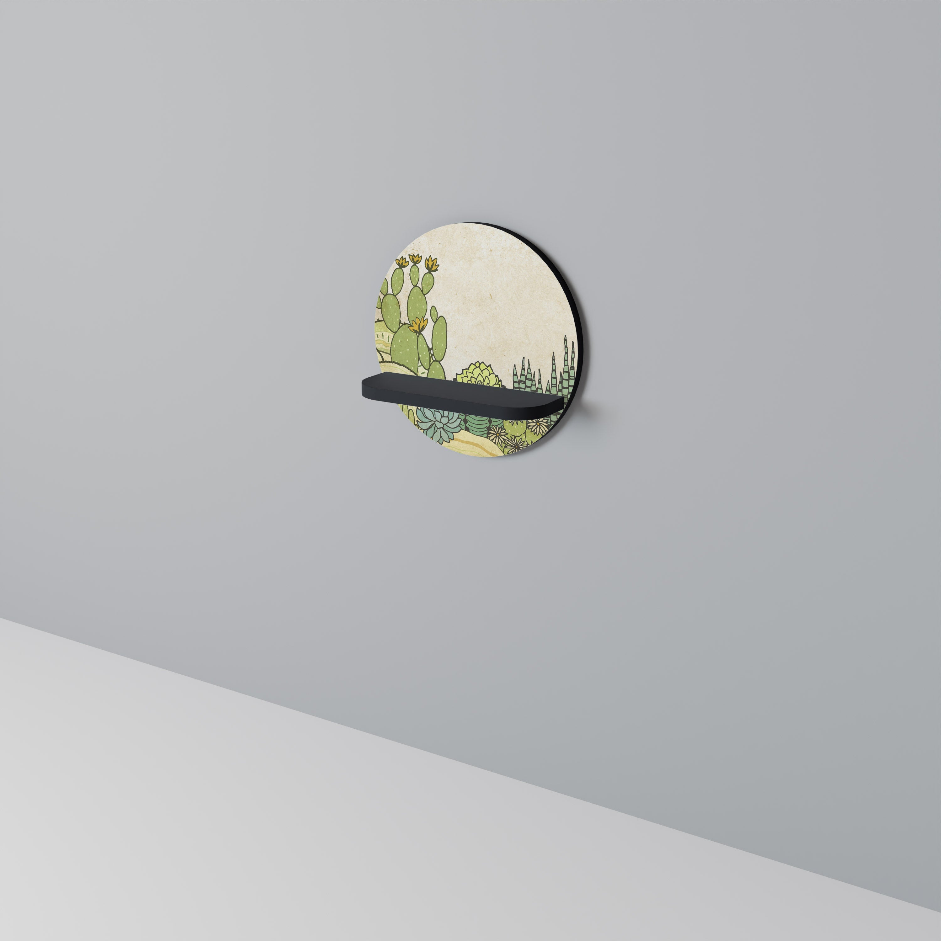 SUCCULENTS KALEIDOSCOPE Round Art Shelf In Black Finish