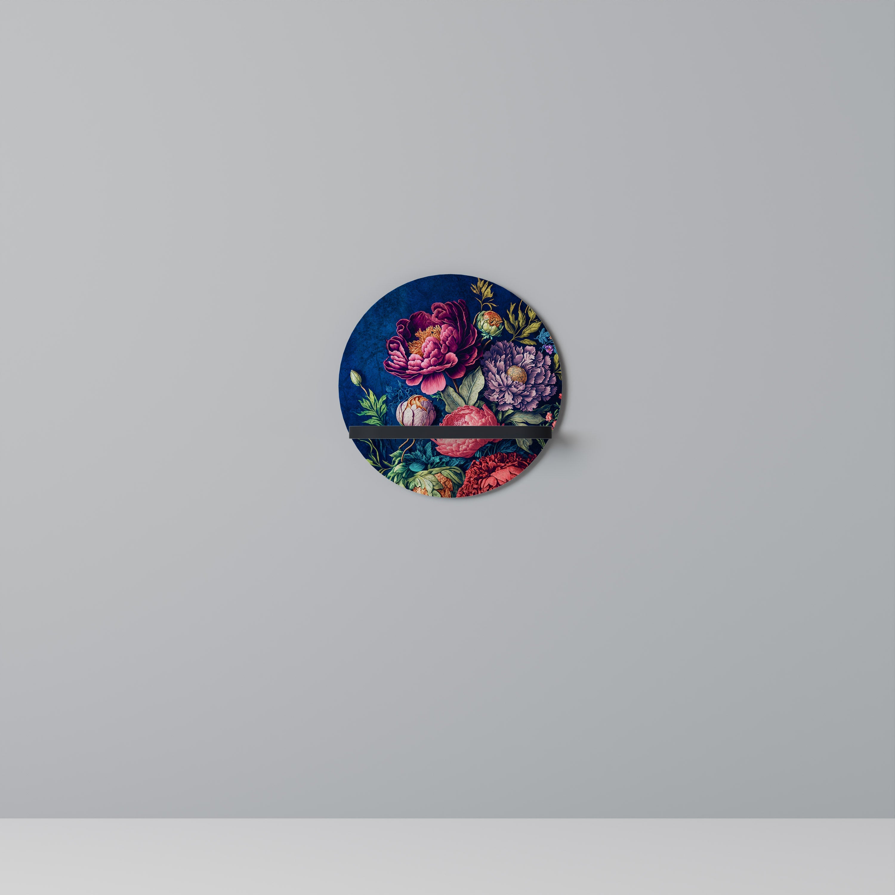 BLOOMING ELEGANCE Round Art Shelf In Black Finish