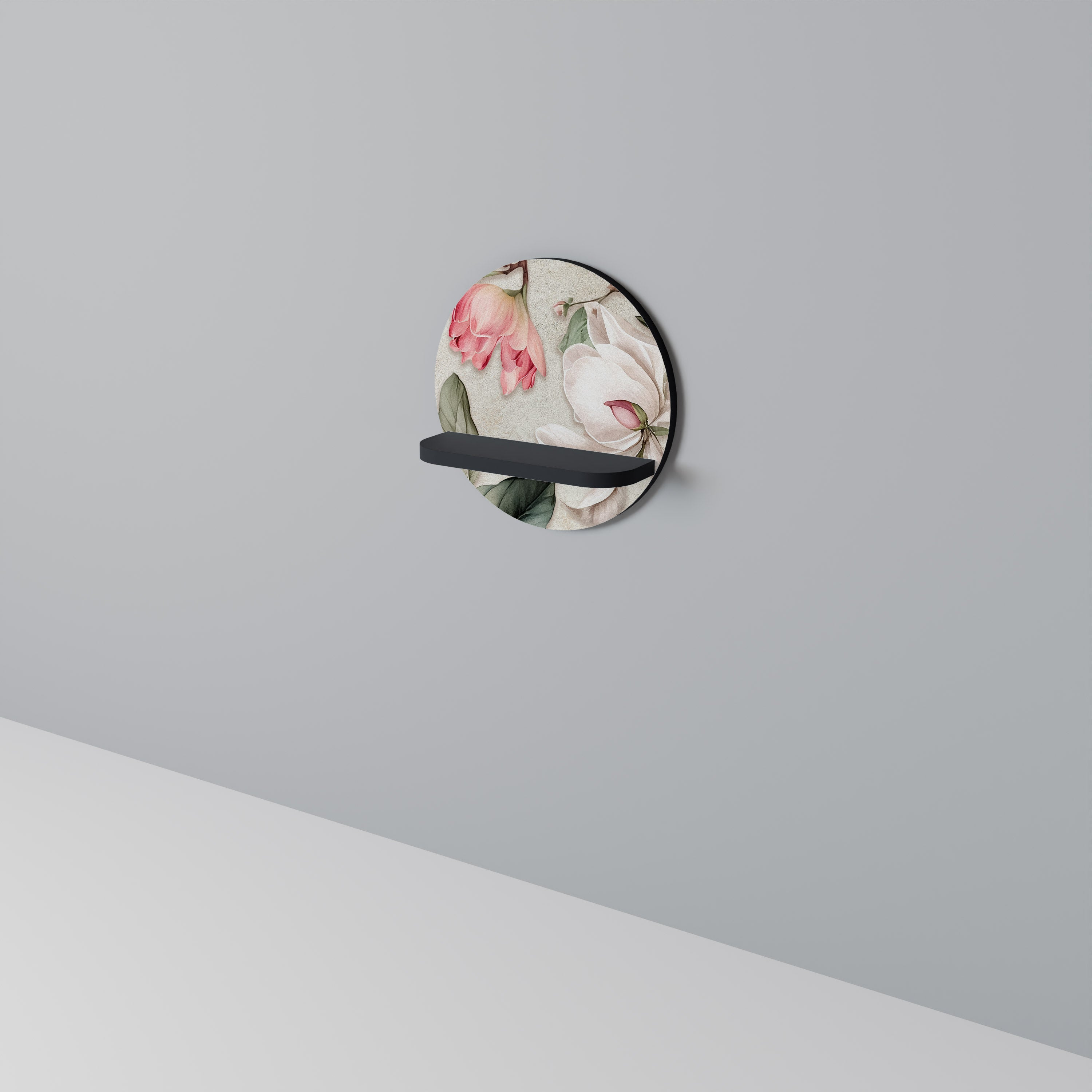 FLORAL GRACE Round Art Shelf In Black Finish