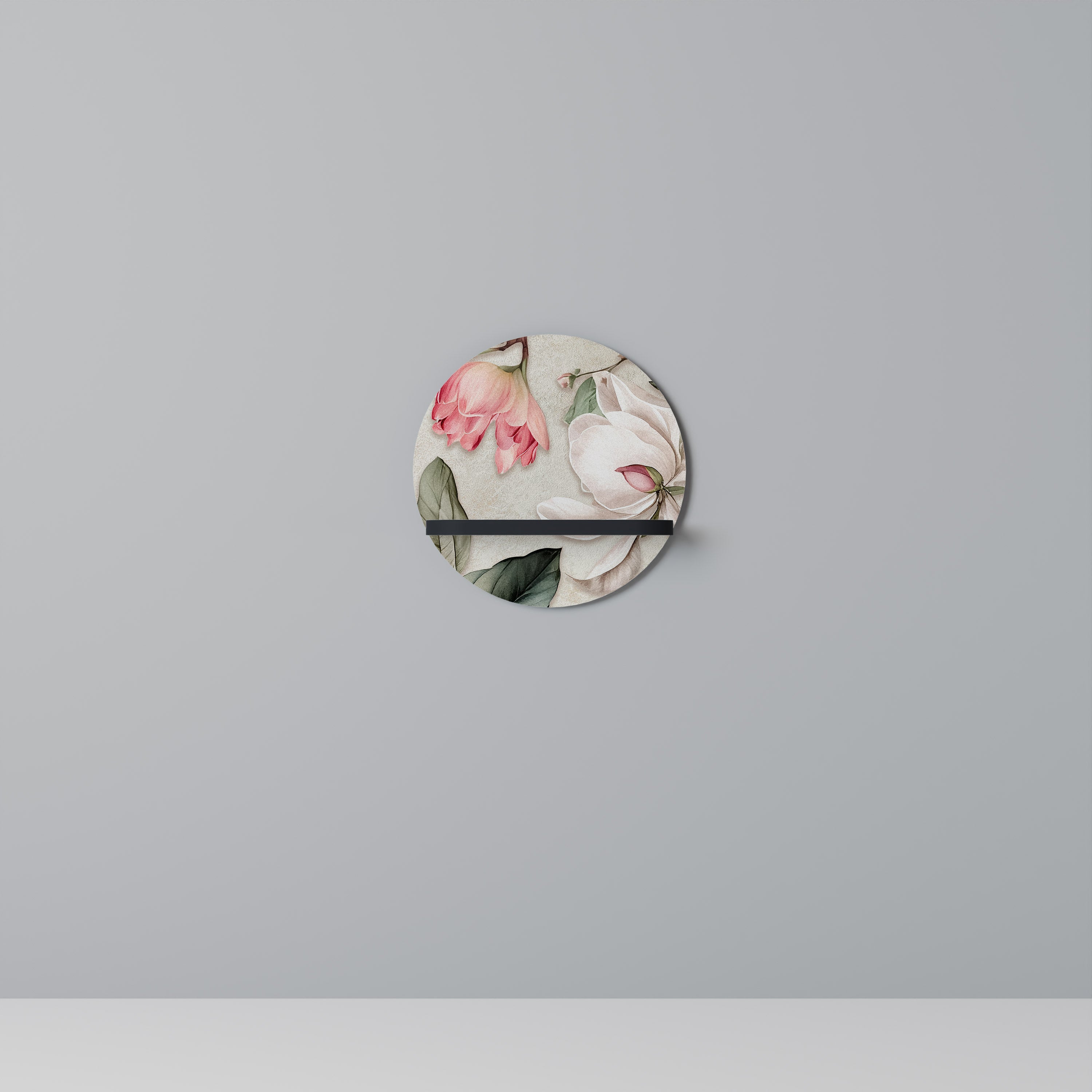 FLORAL GRACE Round Art Shelf In Black Finish