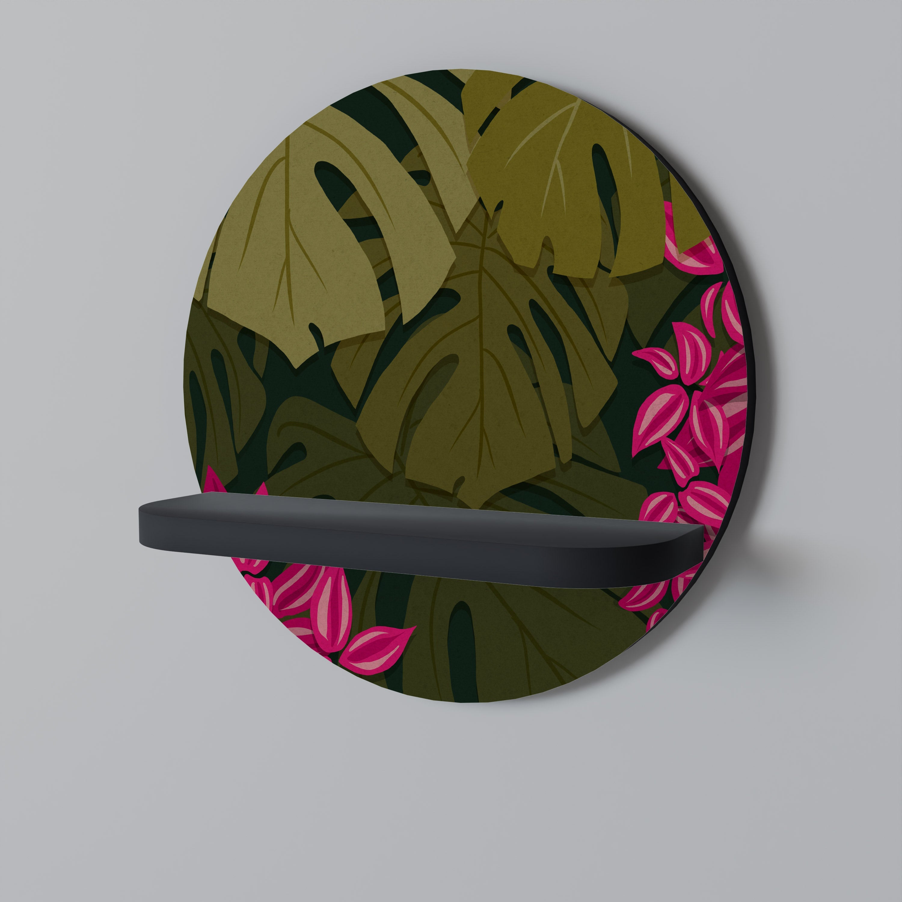 TROPICAL BEAUTY Round Art Shelf In Black Finish