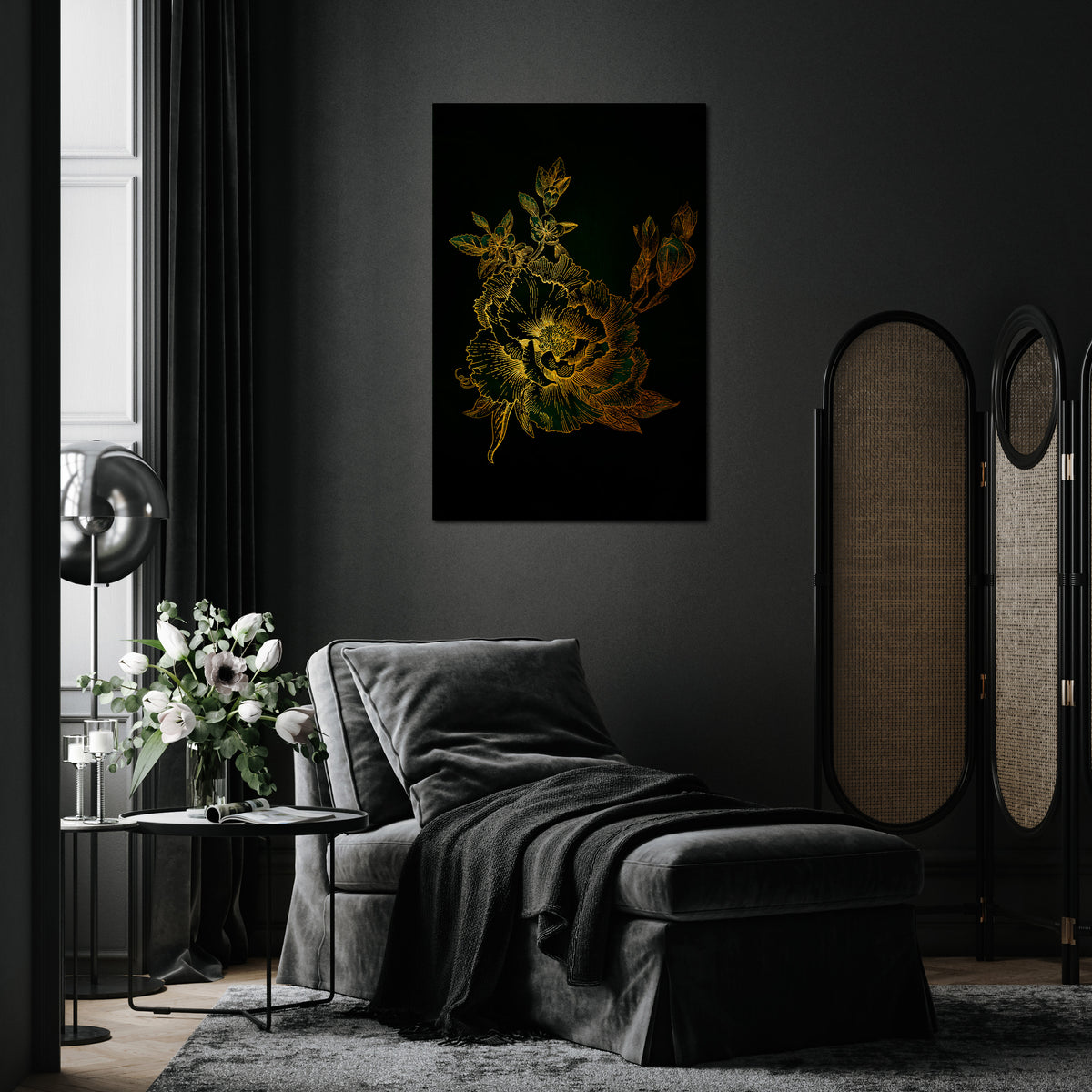 MIDNIGHT FLORAL GLIMMER Quadro em tela vertical