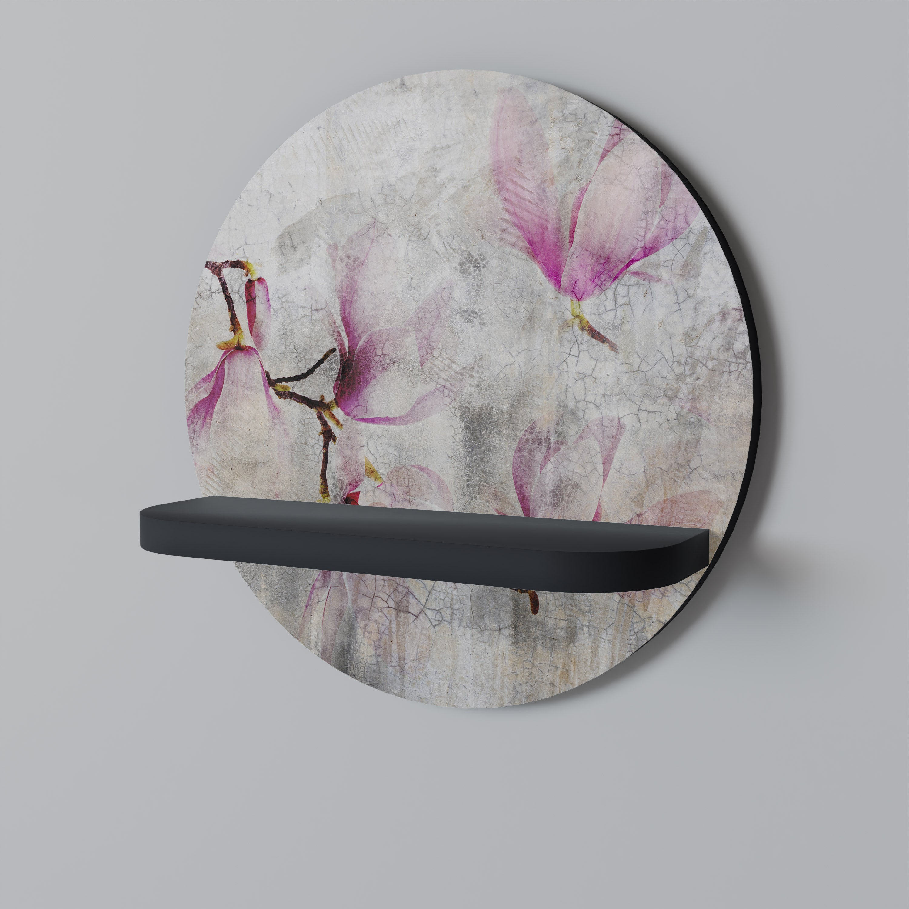 ASTONISHING MAGNOLIA Round Art Shelf In Black Finish