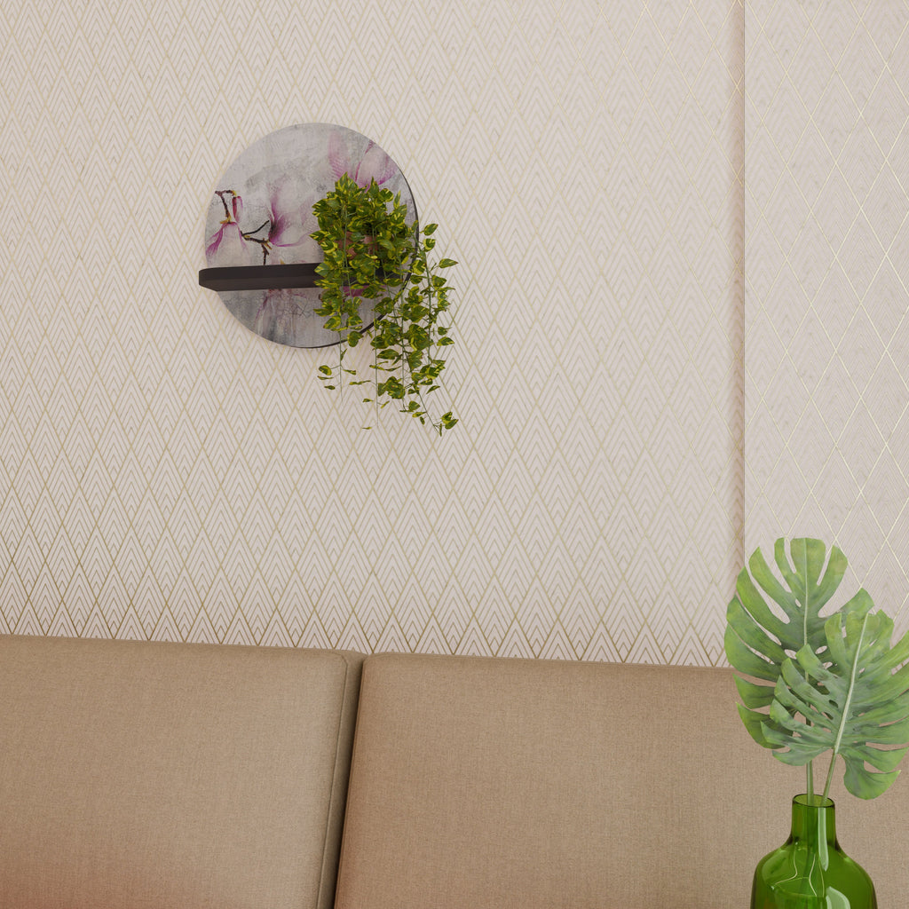 ASTONISHING MAGNOLIA Round Art Shelf In Black Finish