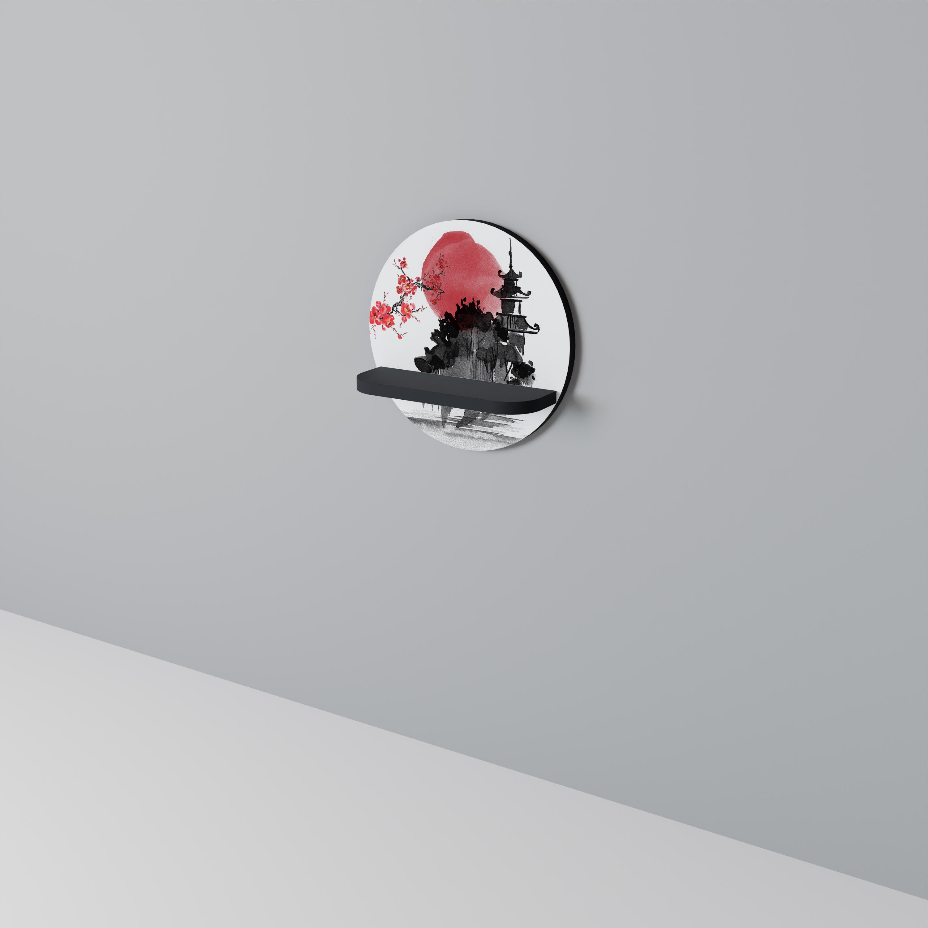 CHERRY SHADOWS Round Art Shelf In Black Finish