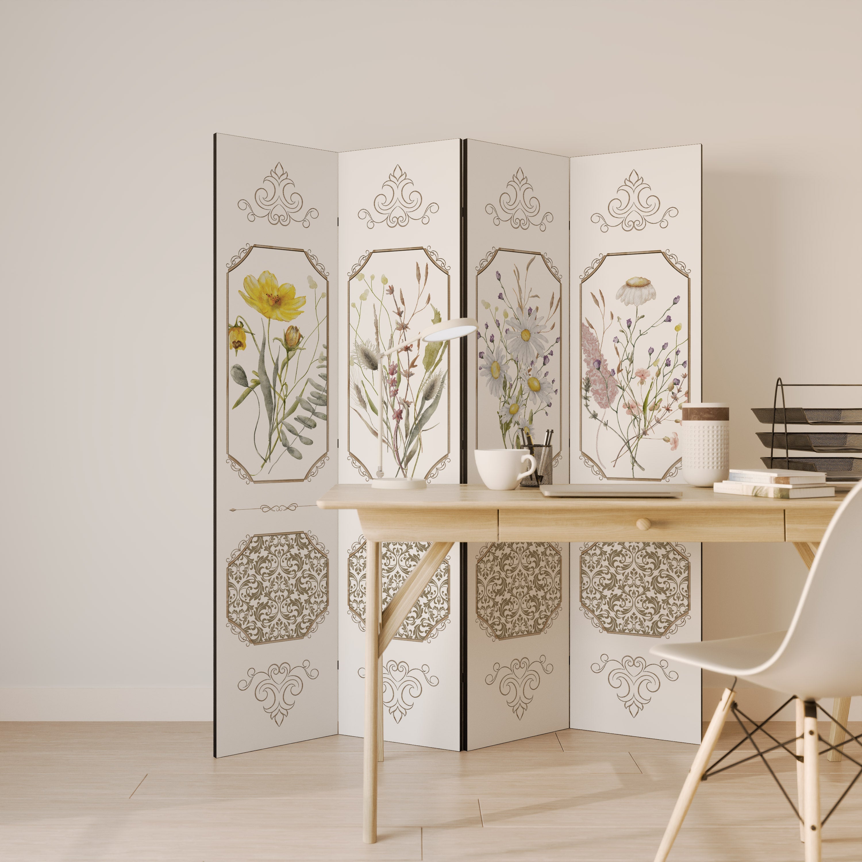 ELEGANT BOTANICAL TAPESTRY Biombo Decorativo de 4 Painéis