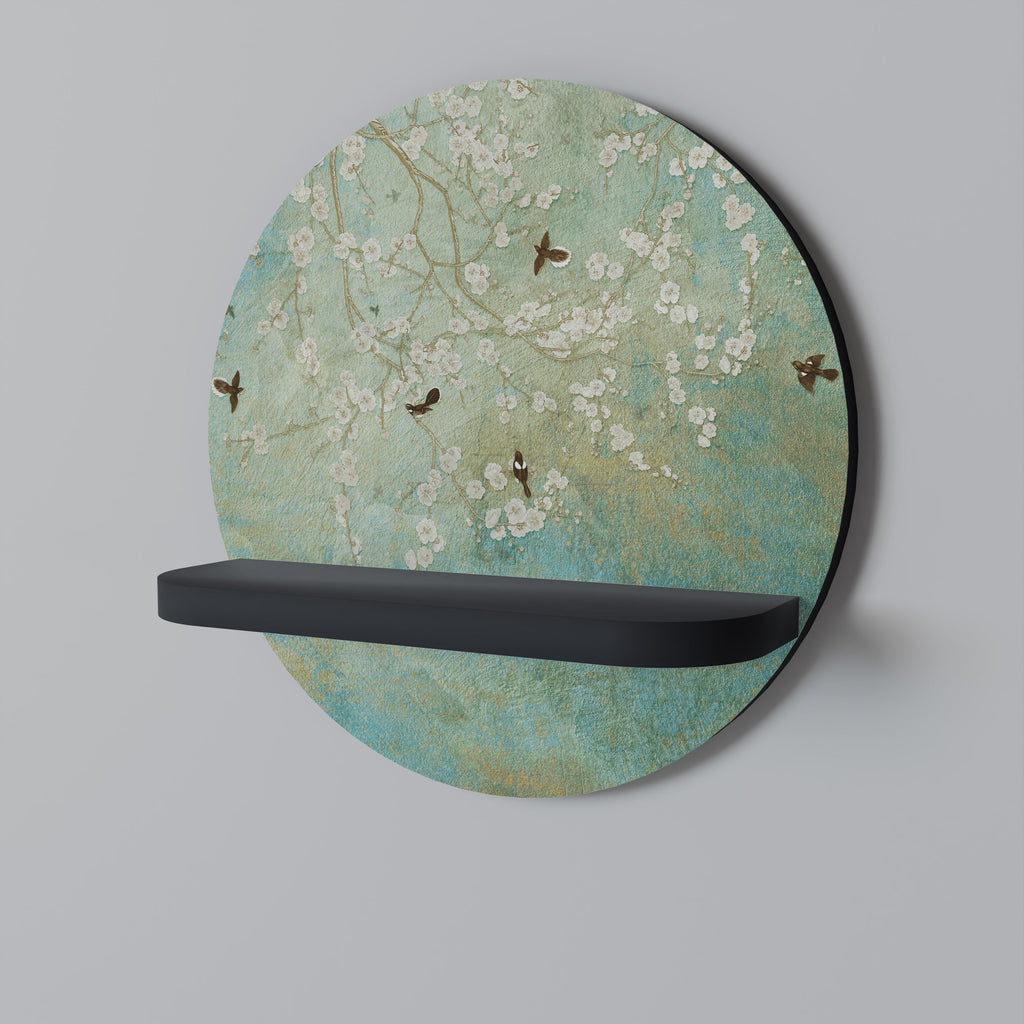BLOOMING CHARM Round Art Shelf In Black Finish