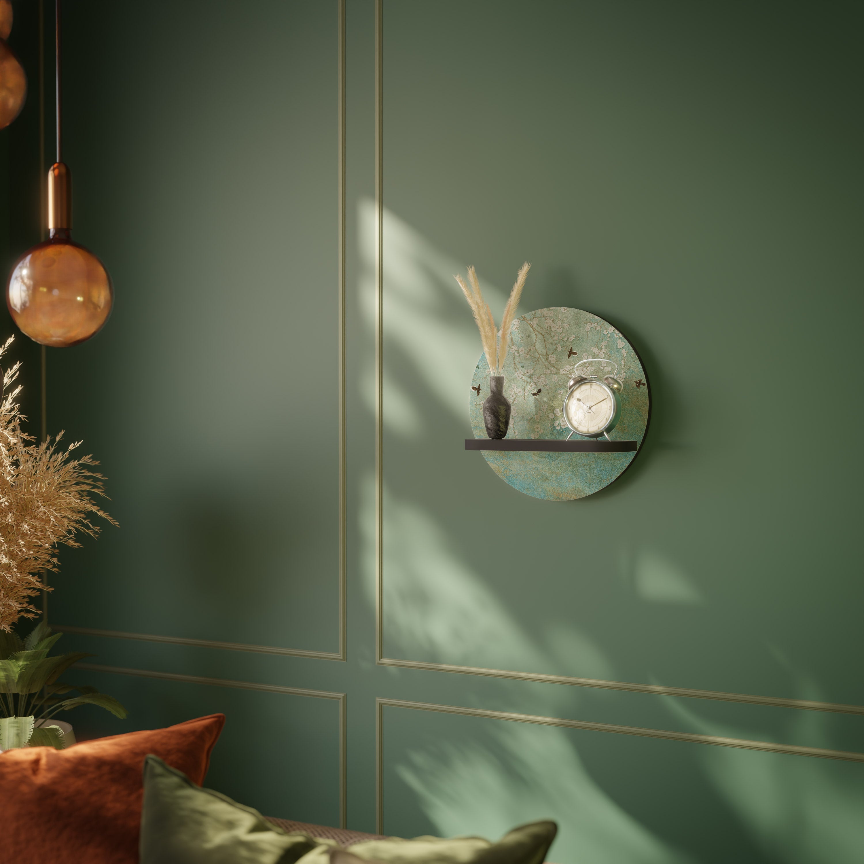 BLOOMING CHARM Round Art Shelf In Black Finish