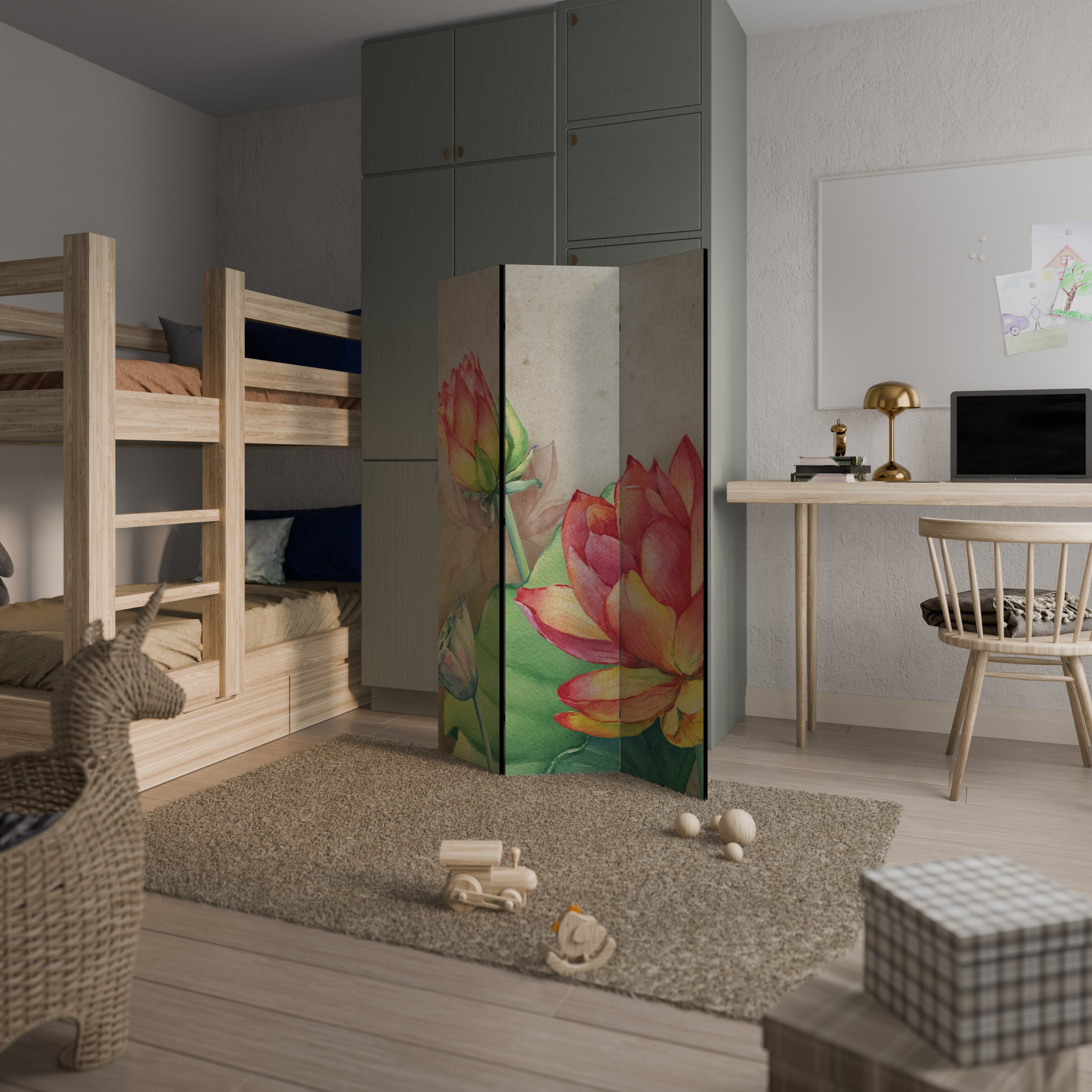 WHISPERING LOTUS BLOOMS Biombo Decorativo de 3 Painéis