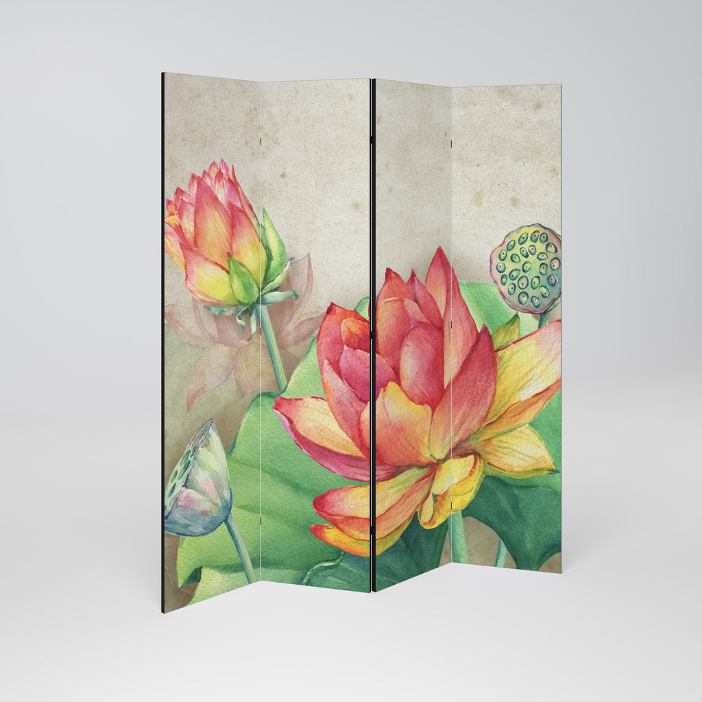WHISPERING LOTUS BLOOMS Biombo Decorativo de 4 Painéis