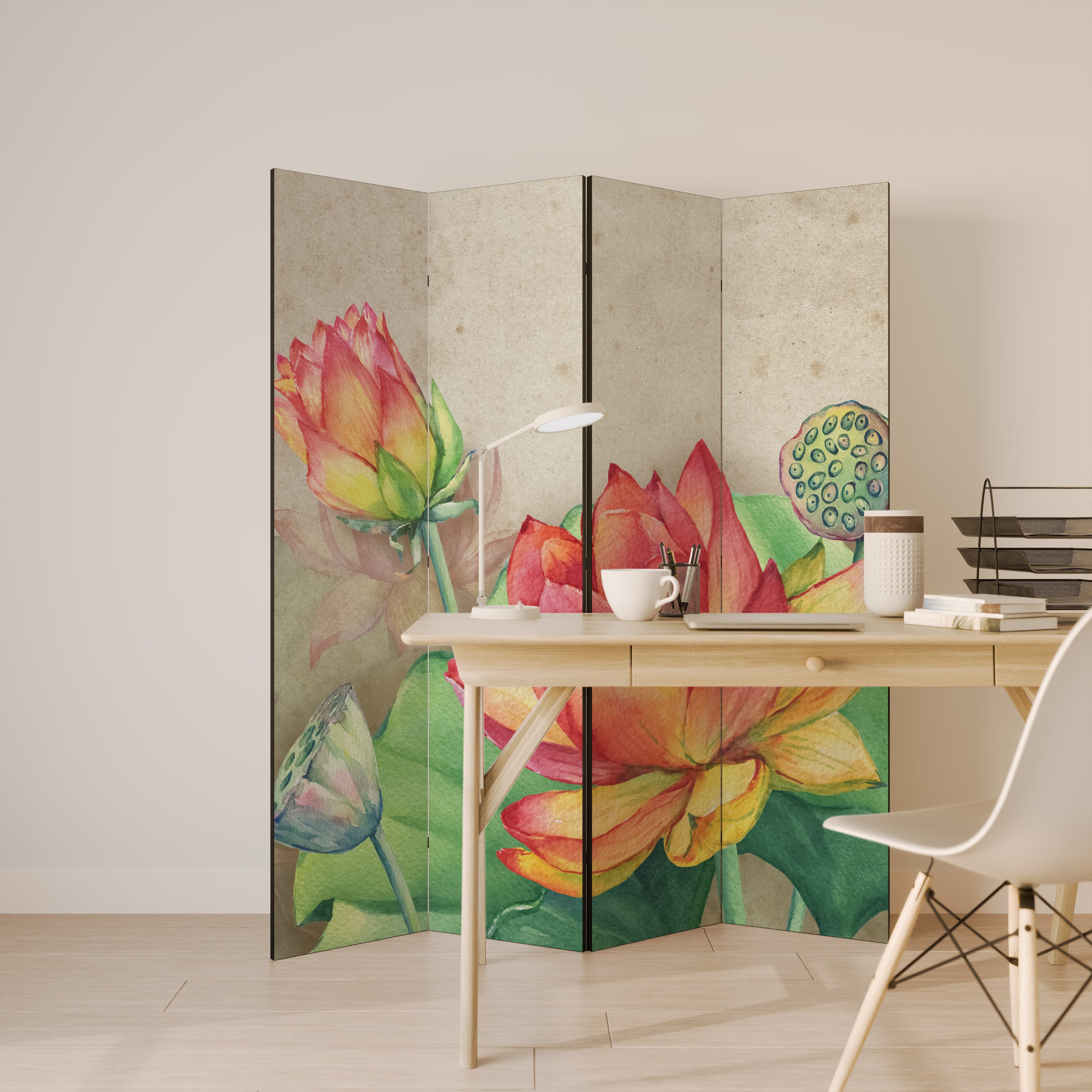WHISPERING LOTUS BLOOMS 4-Panel Room Divider