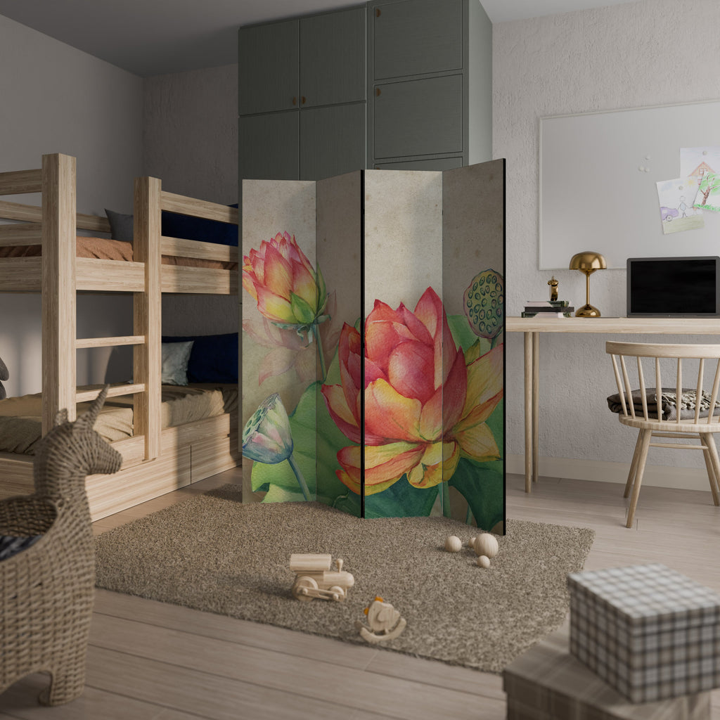 WHISPERING LOTUS BLOOMS Biombo Decorativo de 4 Painéis