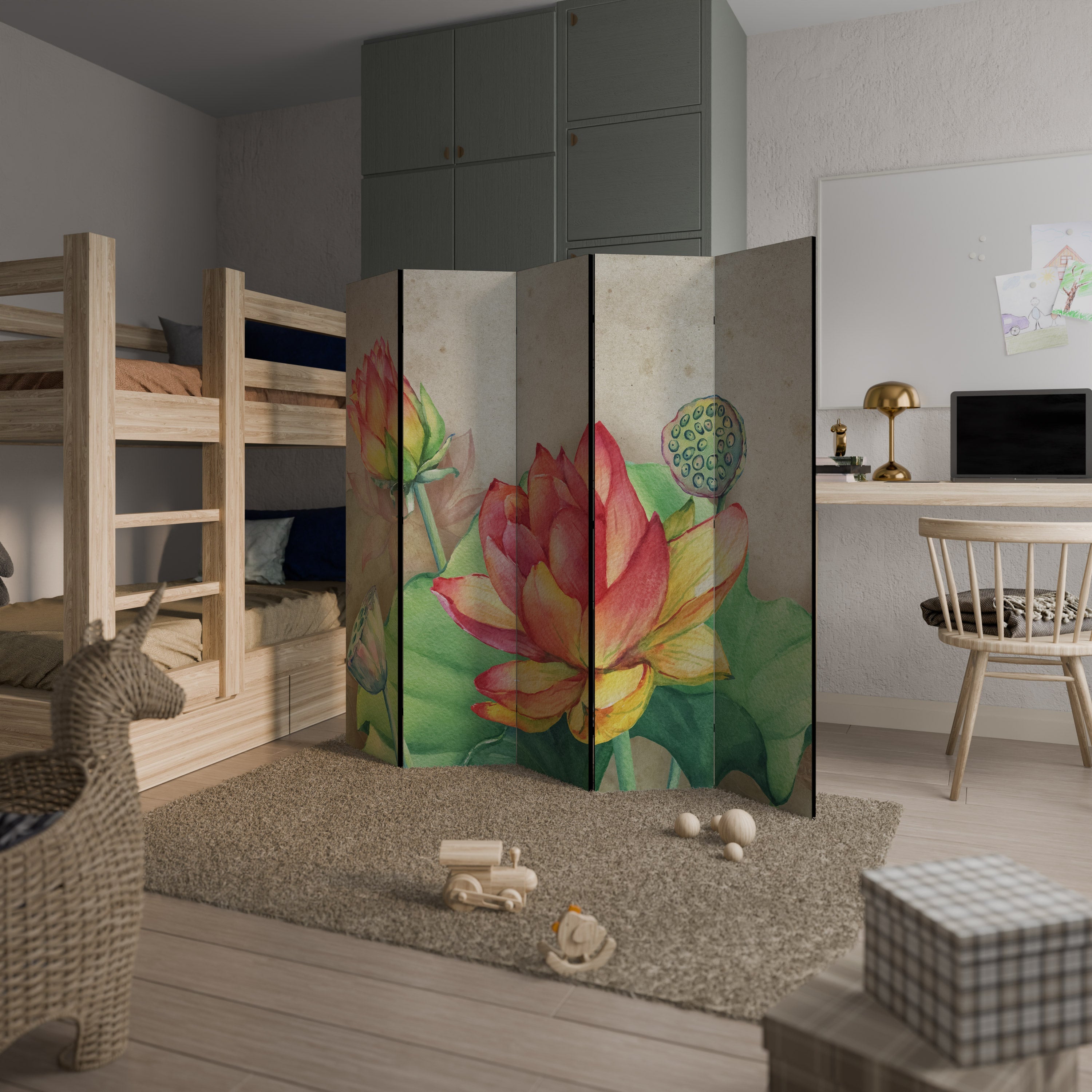 WHISPERING LOTUS BLOOMS Biombo Decorativo de 5 Painéis