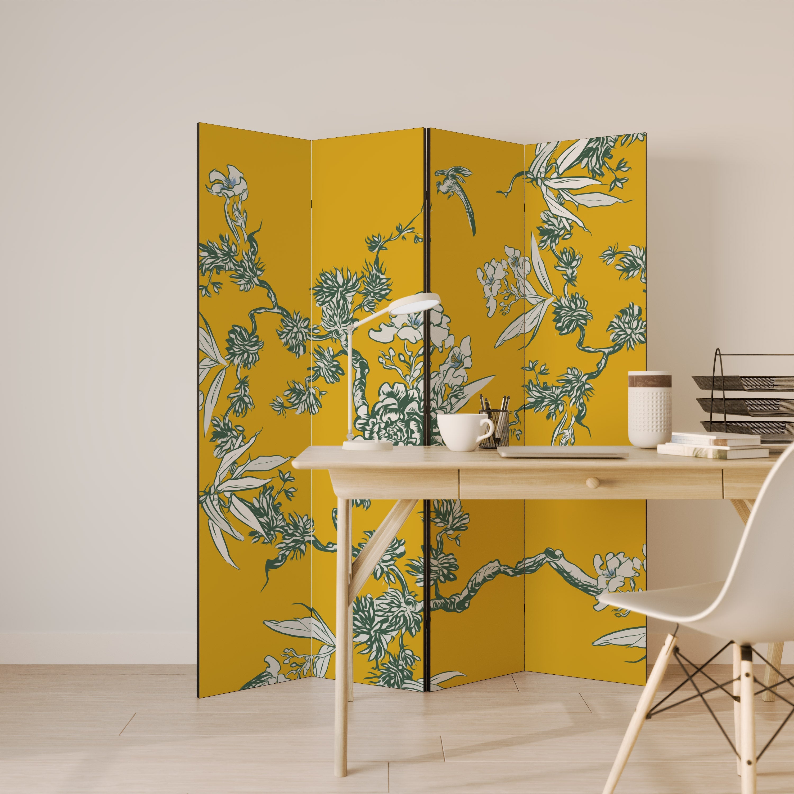 YELLOW CHINOISERIE Biombo Decorativo de 4 Painéis