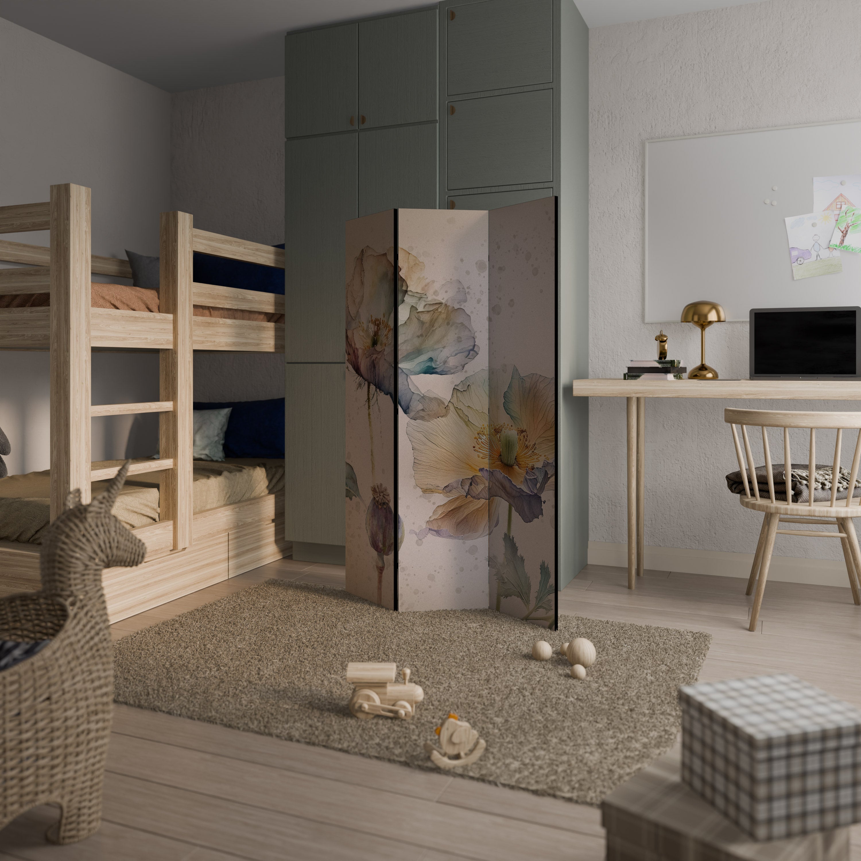 SOFTEN POPPY Biombo Decorativo de 3 Painéis