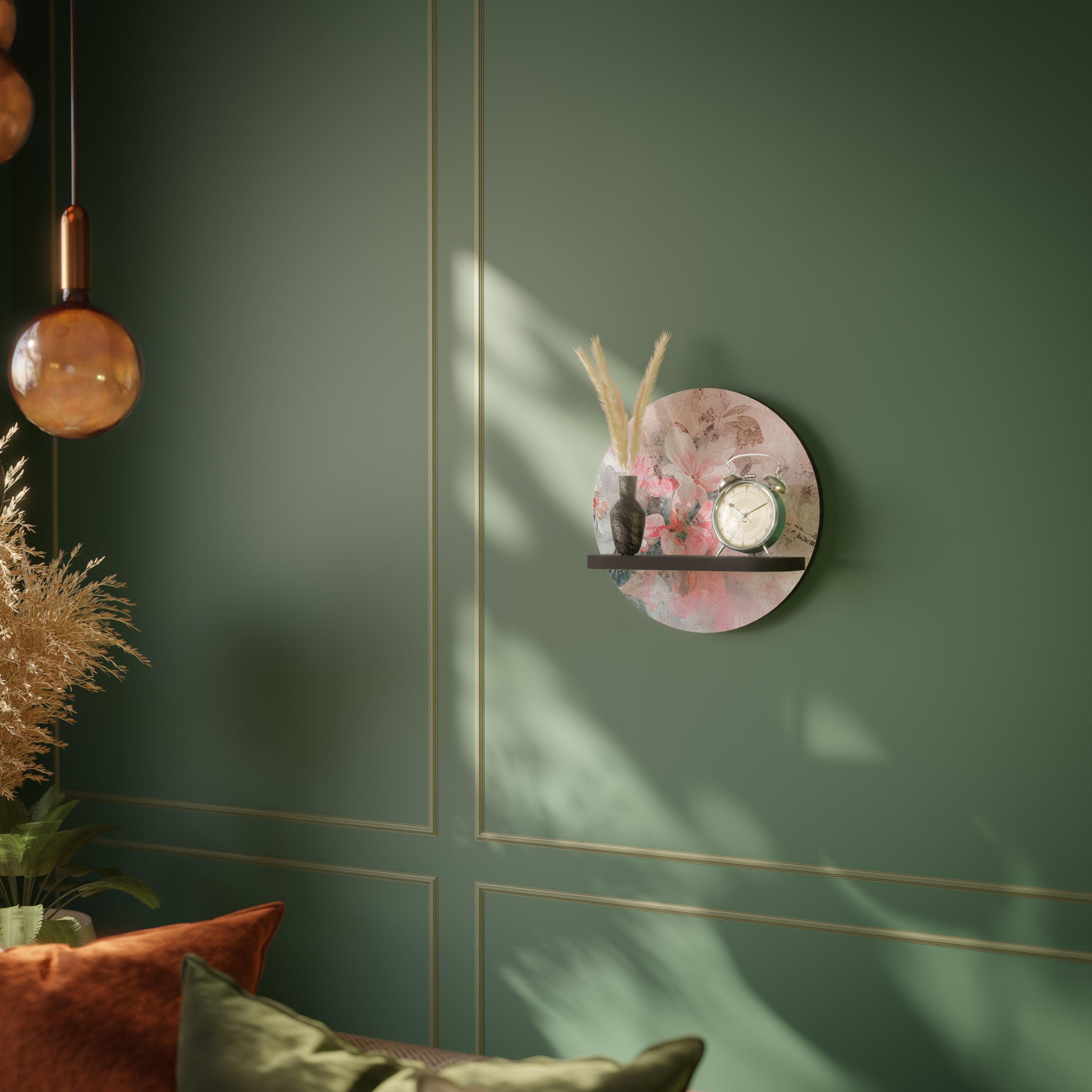 CHERRY BLOSSOM Round Art Shelf In Black Finish