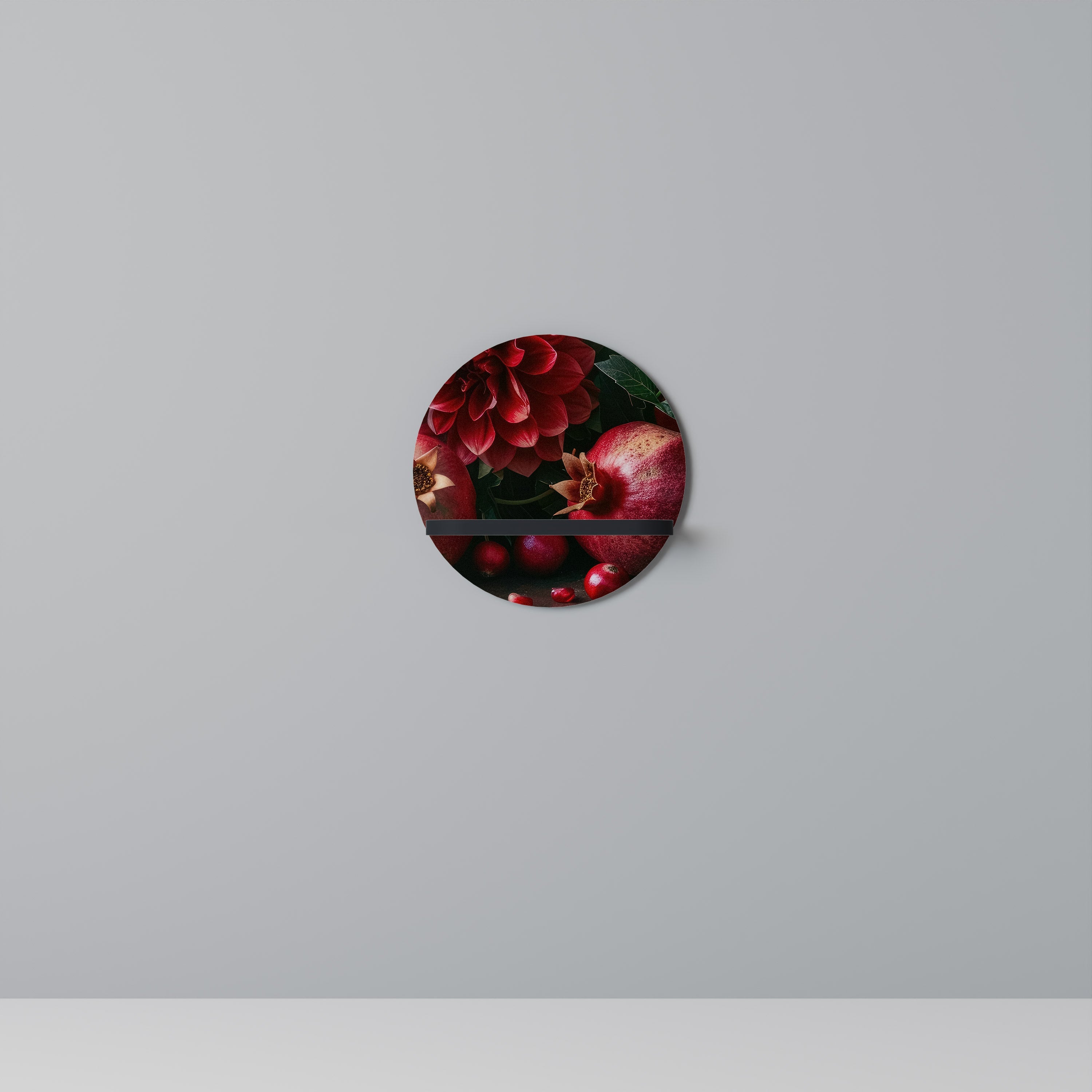 DAHLIAS AND POMEGRANATES Round Art Shelf In Black Finish