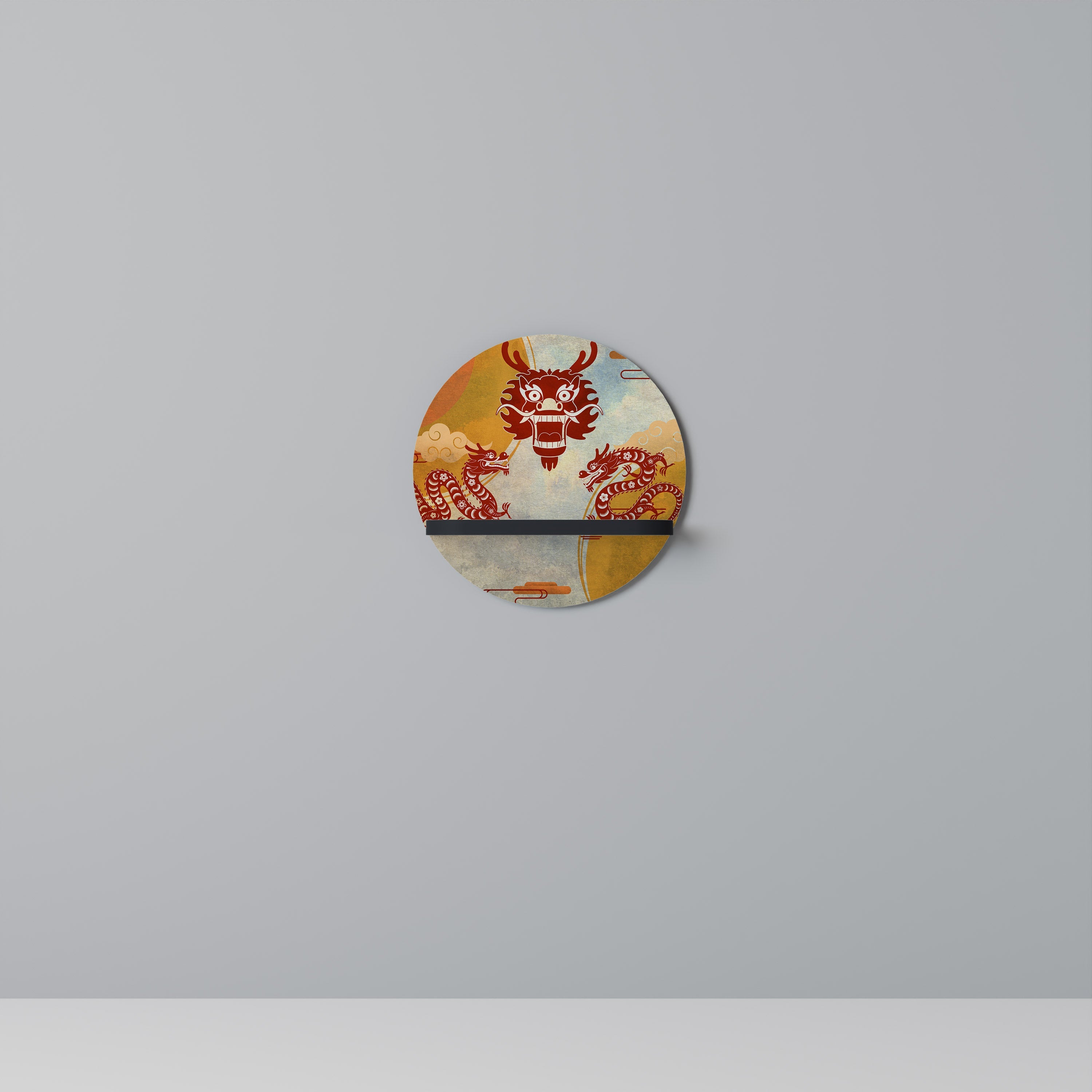 MYSTICAL DRAGON Round Art Shelf In Black Finish