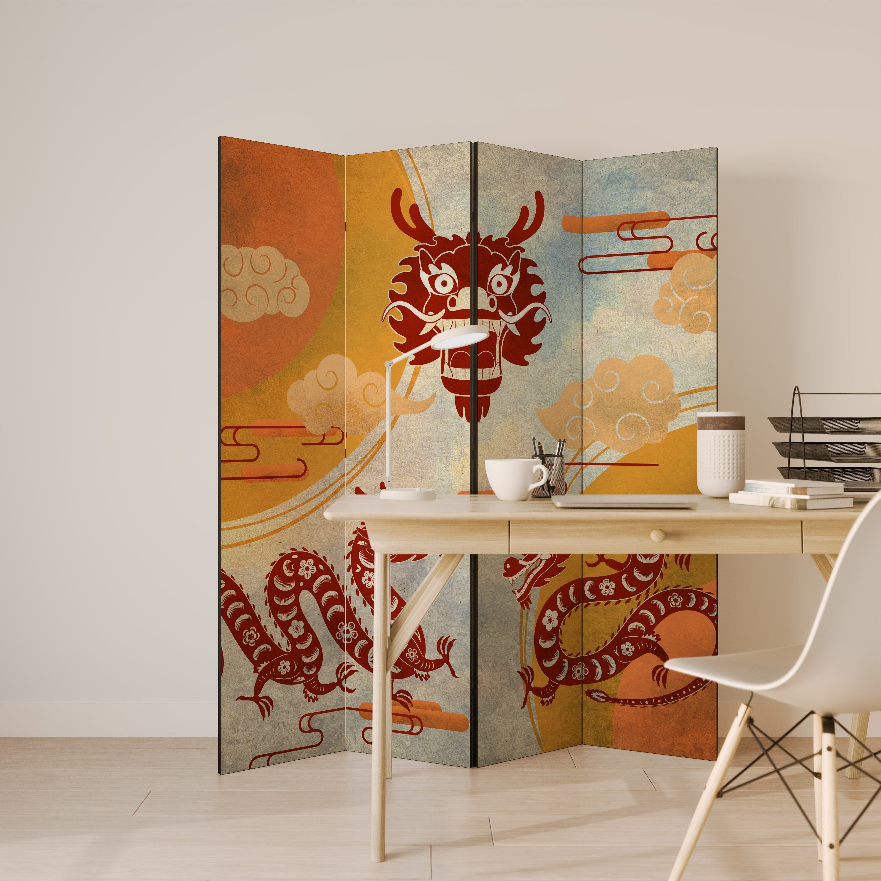 MYSTICAL DRAGON Biombo Decorativo de 4 Painéis