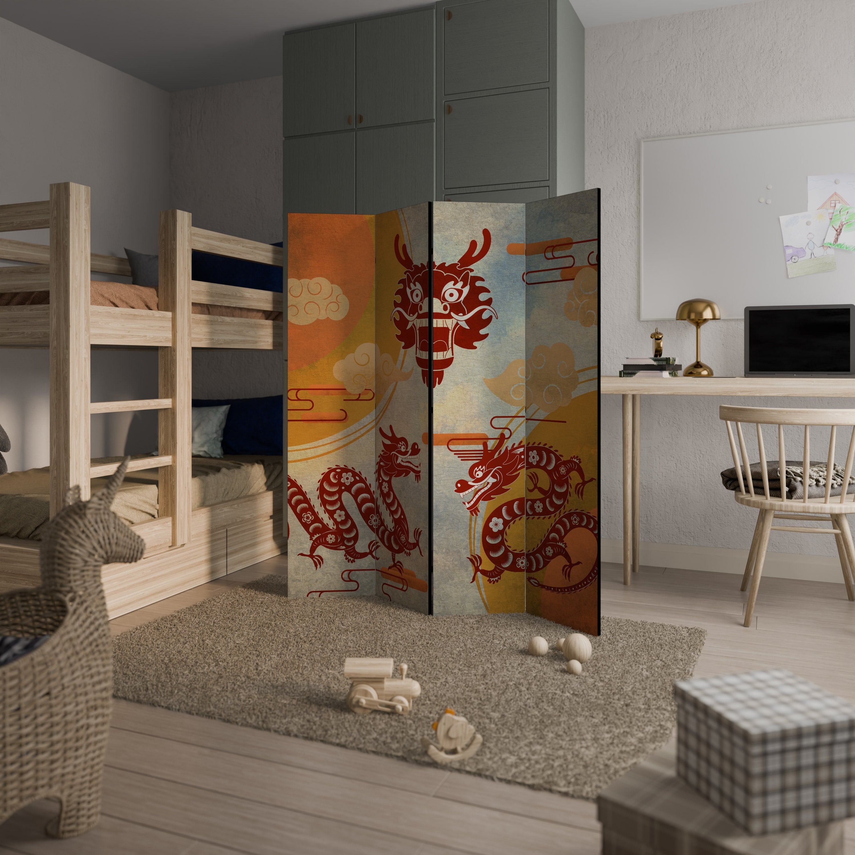 MYSTICAL DRAGON Biombo Decorativo de 4 Painéis