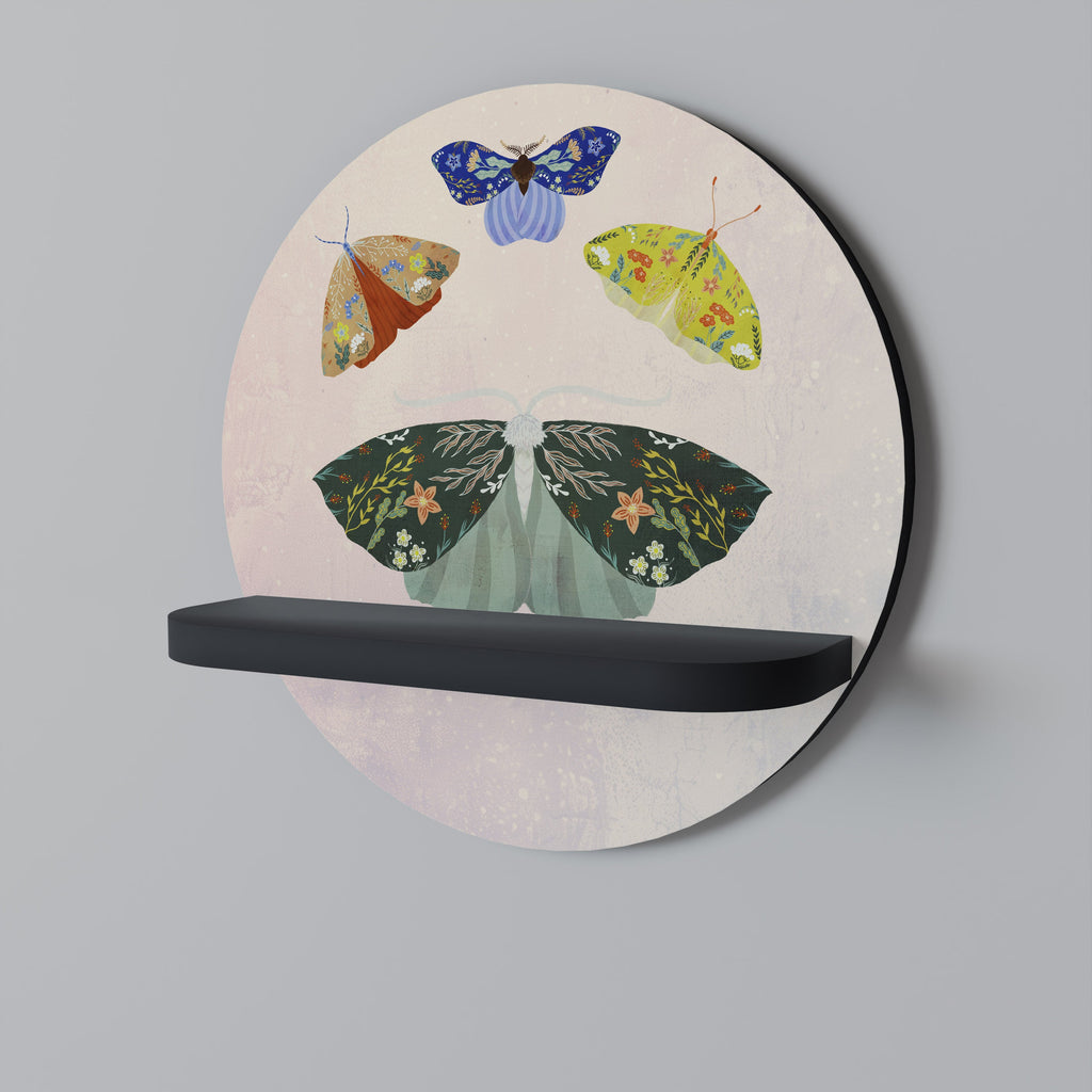 MOTH INTO THE LIGHT Round Art Shelf In Black Finish