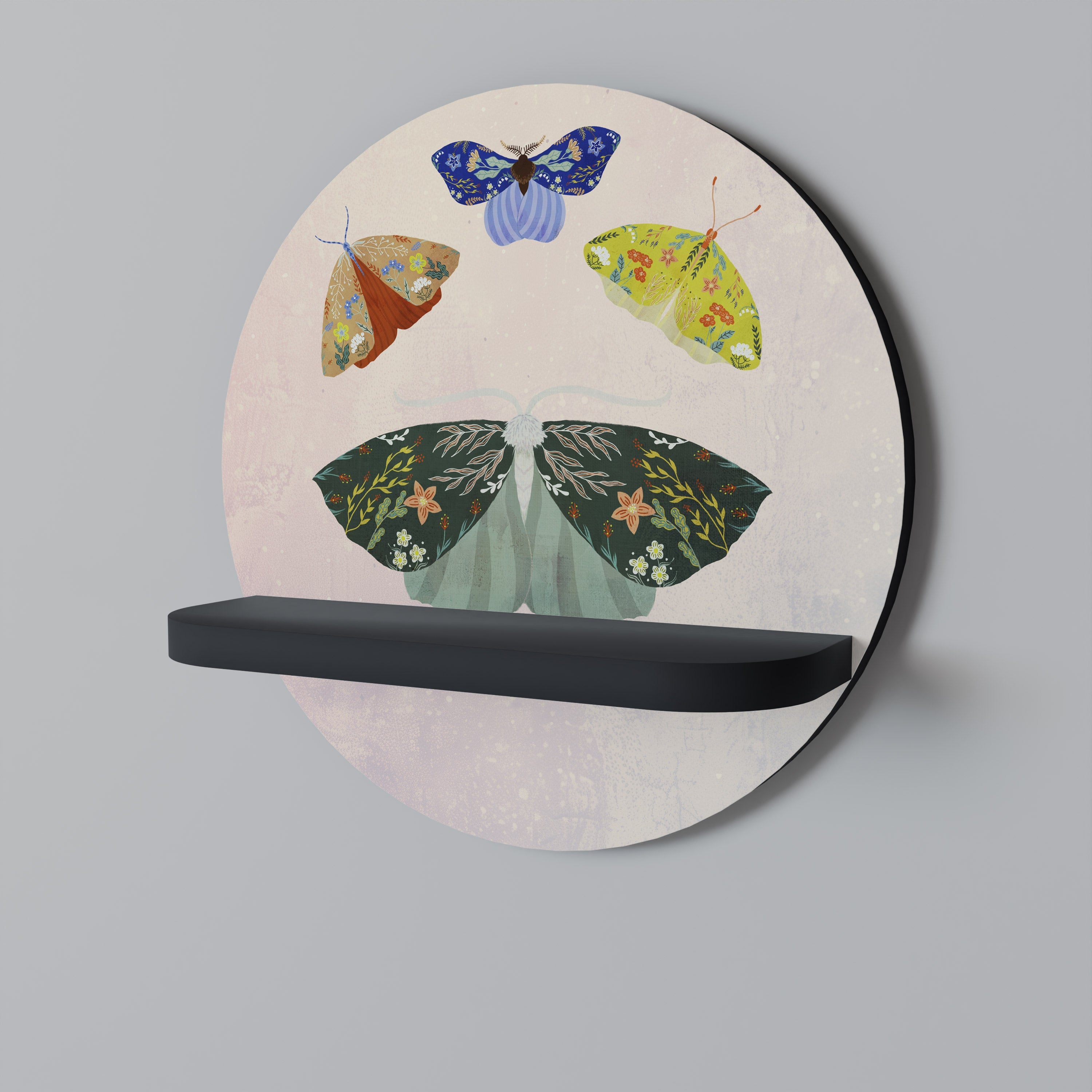 MOTH INTO THE LIGHT Round Art Shelf In Black Finish