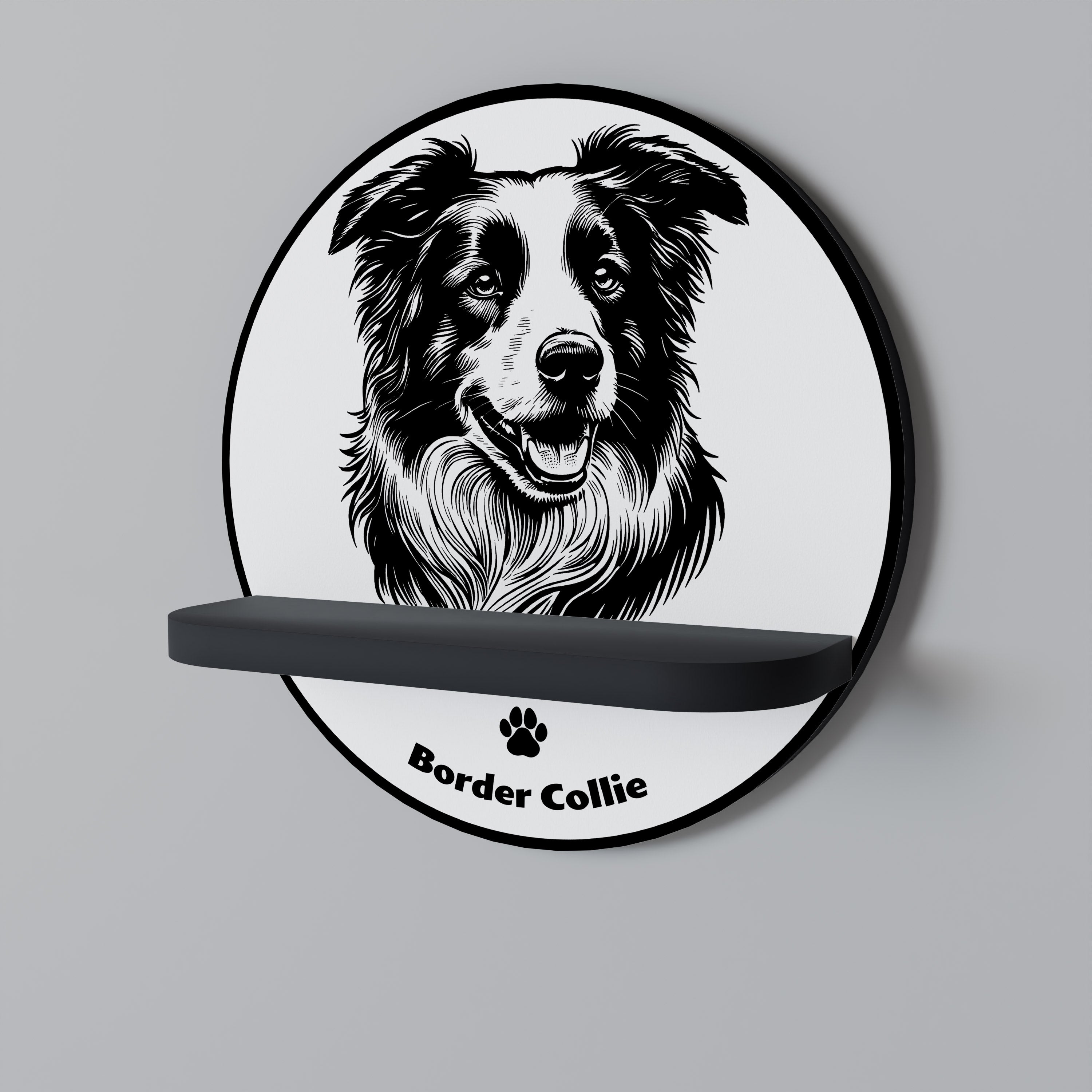 BORDER COLLIE Prateleira Redonda Decorativa em Acabamento Preto