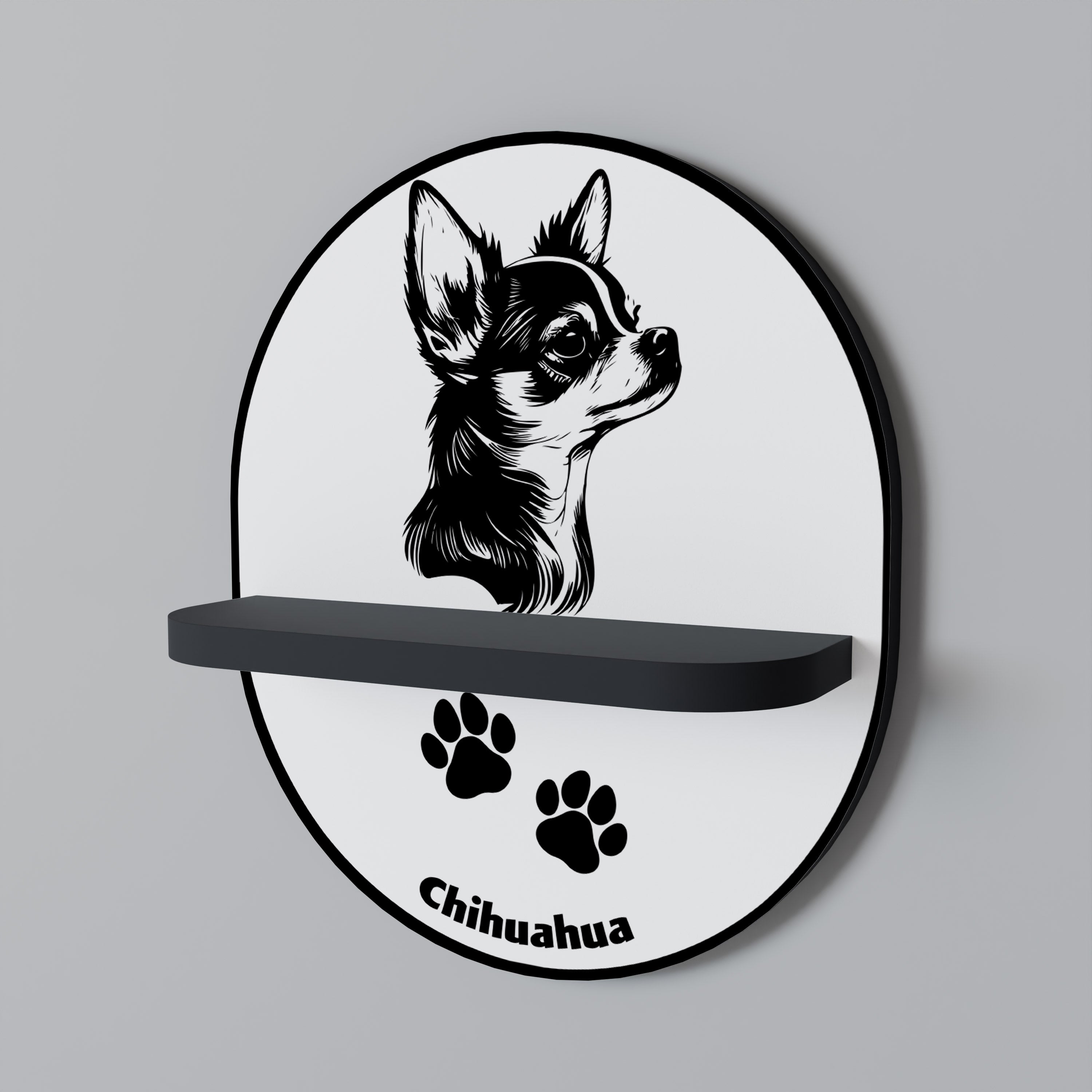 CHIHUAHUA DOG Prateleira Oval Decorativa em Acabamento Preto