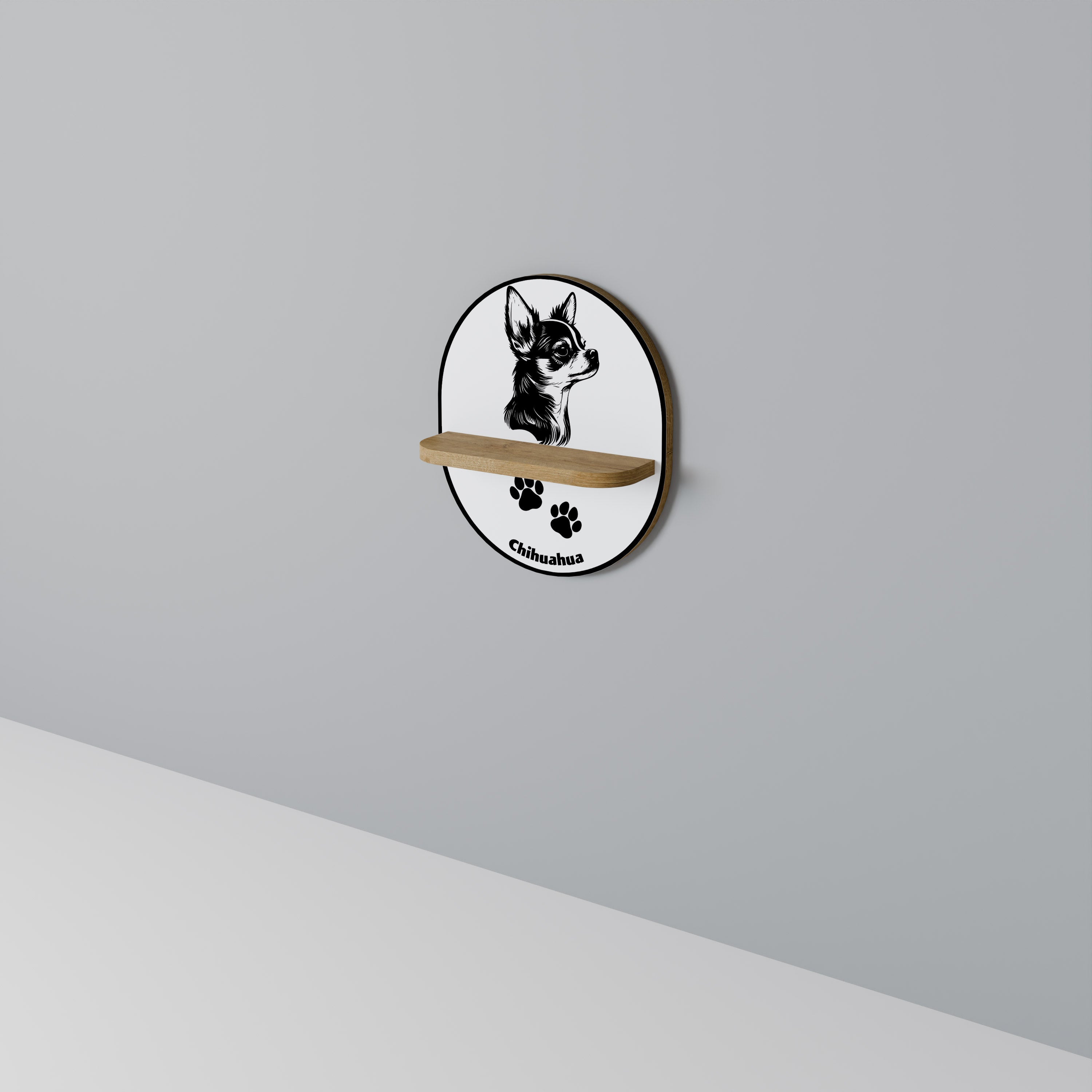 CHIHUAHUA DOG Prateleira Oval Decorativa em Efeito Carvalho