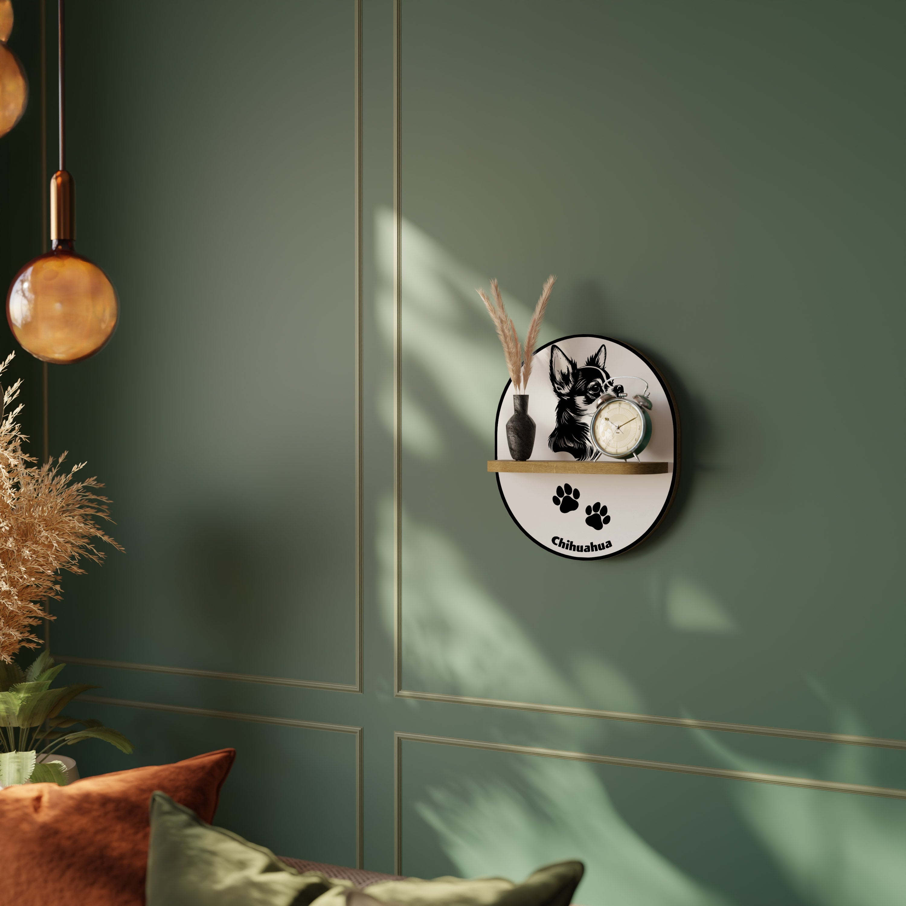 CHIHUAHUA DOG Prateleira Oval Decorativa em Efeito Carvalho