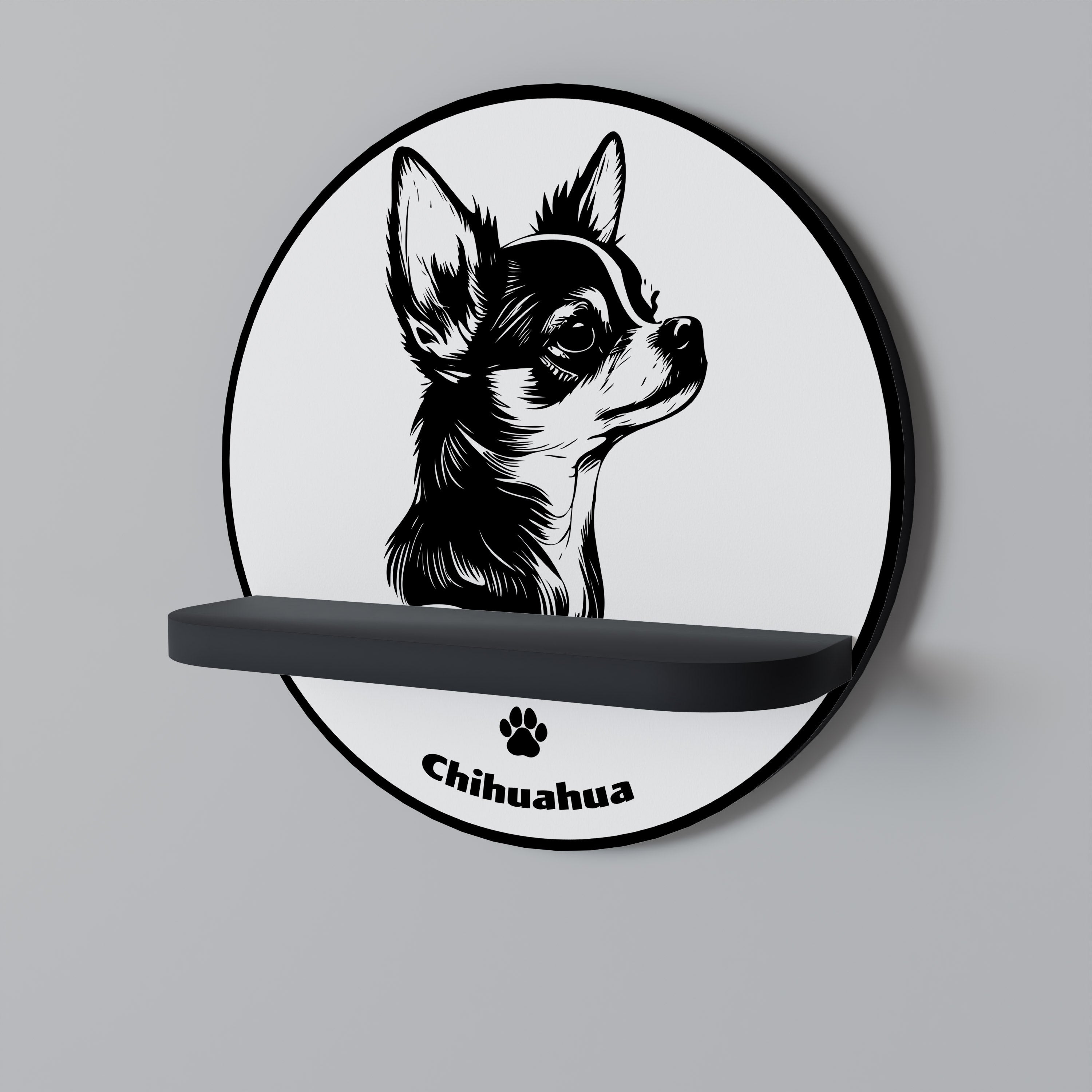 CHIHUAHUA DOG Prateleira Redonda Decorativa em Acabamento Preto