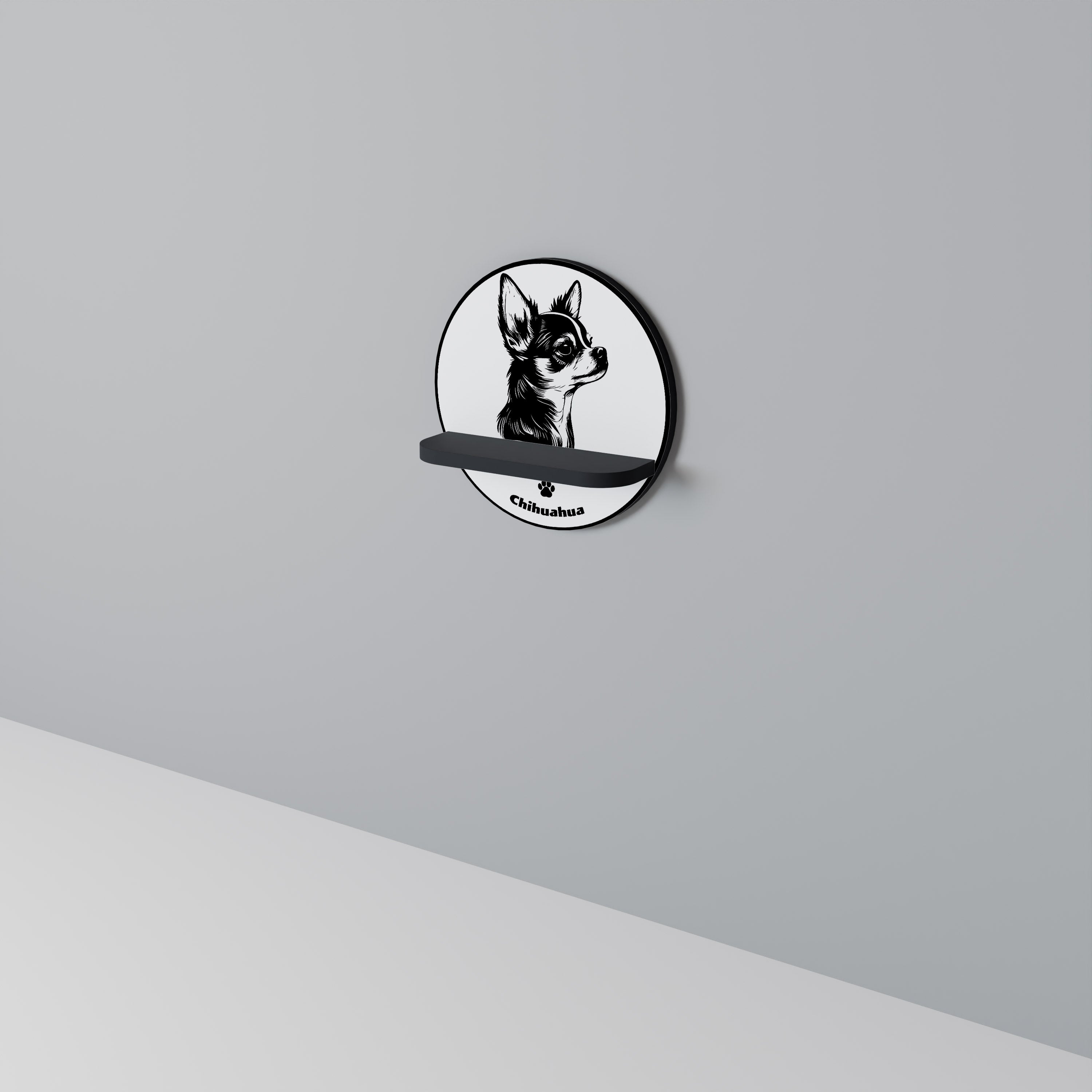CHIHUAHUA DOG Prateleira Redonda Decorativa em Acabamento Preto