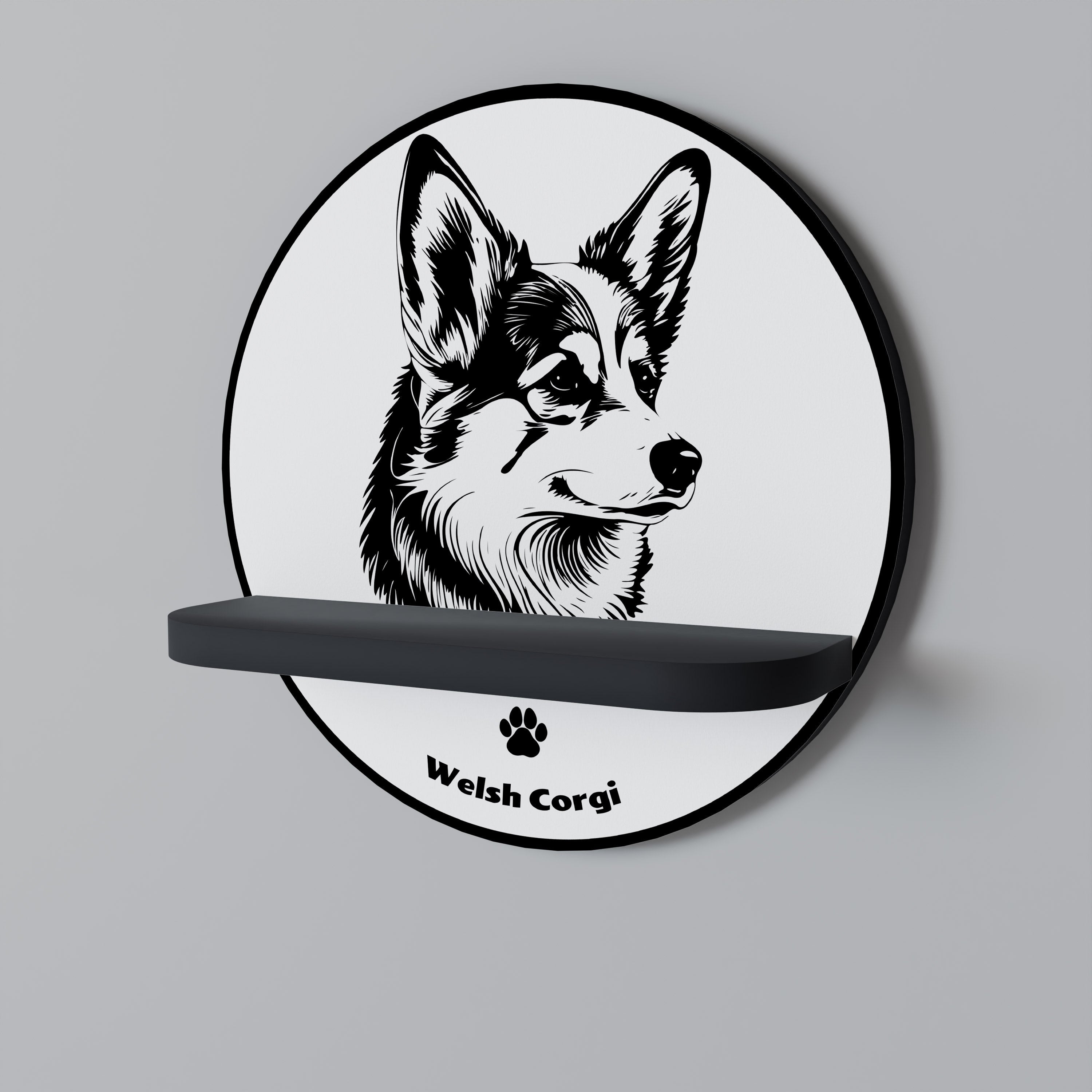 WELSH CORGI PEMBROKE Prateleira Redonda Decorativa em Acabamento Preto