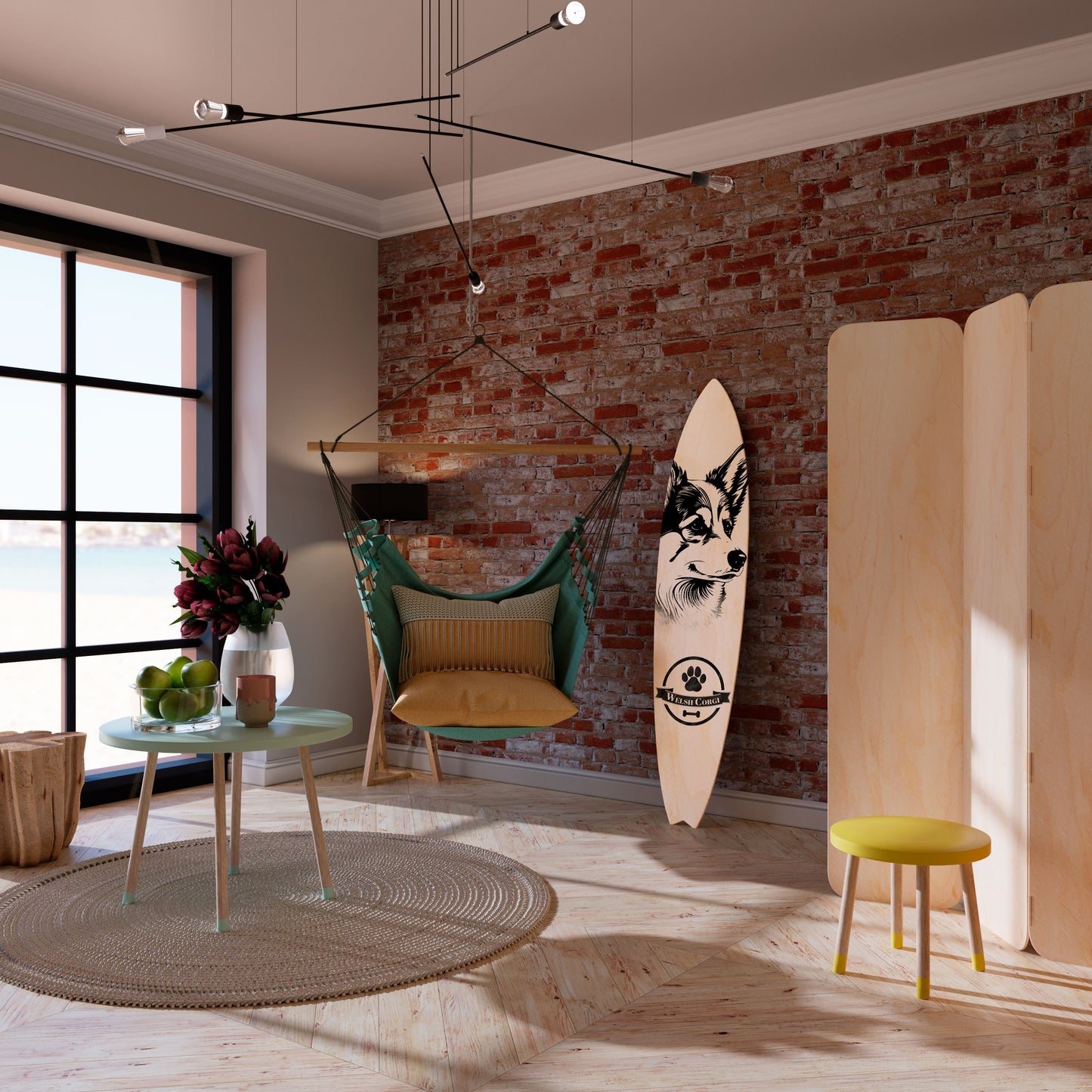 WELSH CORGI PEMBROKE Painel Decorativo Prancha de Surf