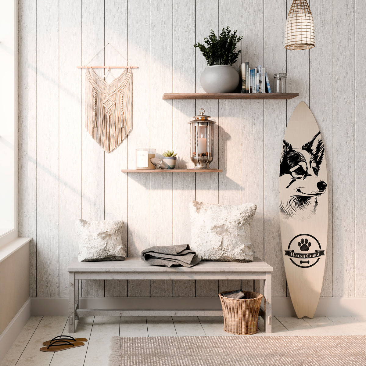 WELSH CORGI PEMBROKE Painel Decorativo Prancha de Surf