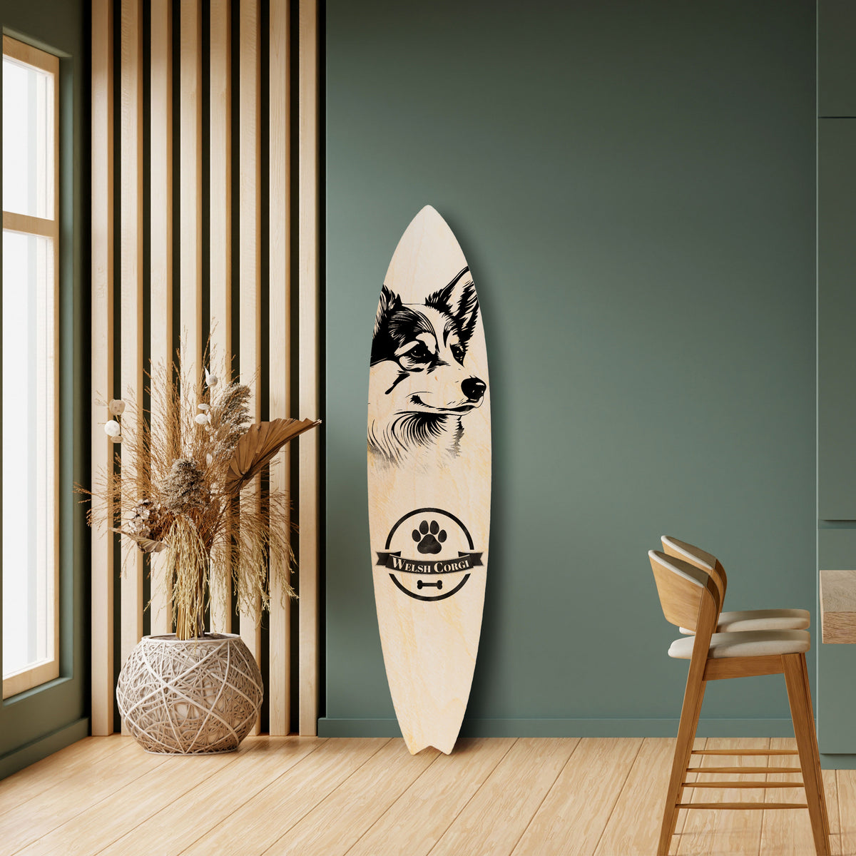 WELSH CORGI PEMBROKE Painel Decorativo Prancha de Surf