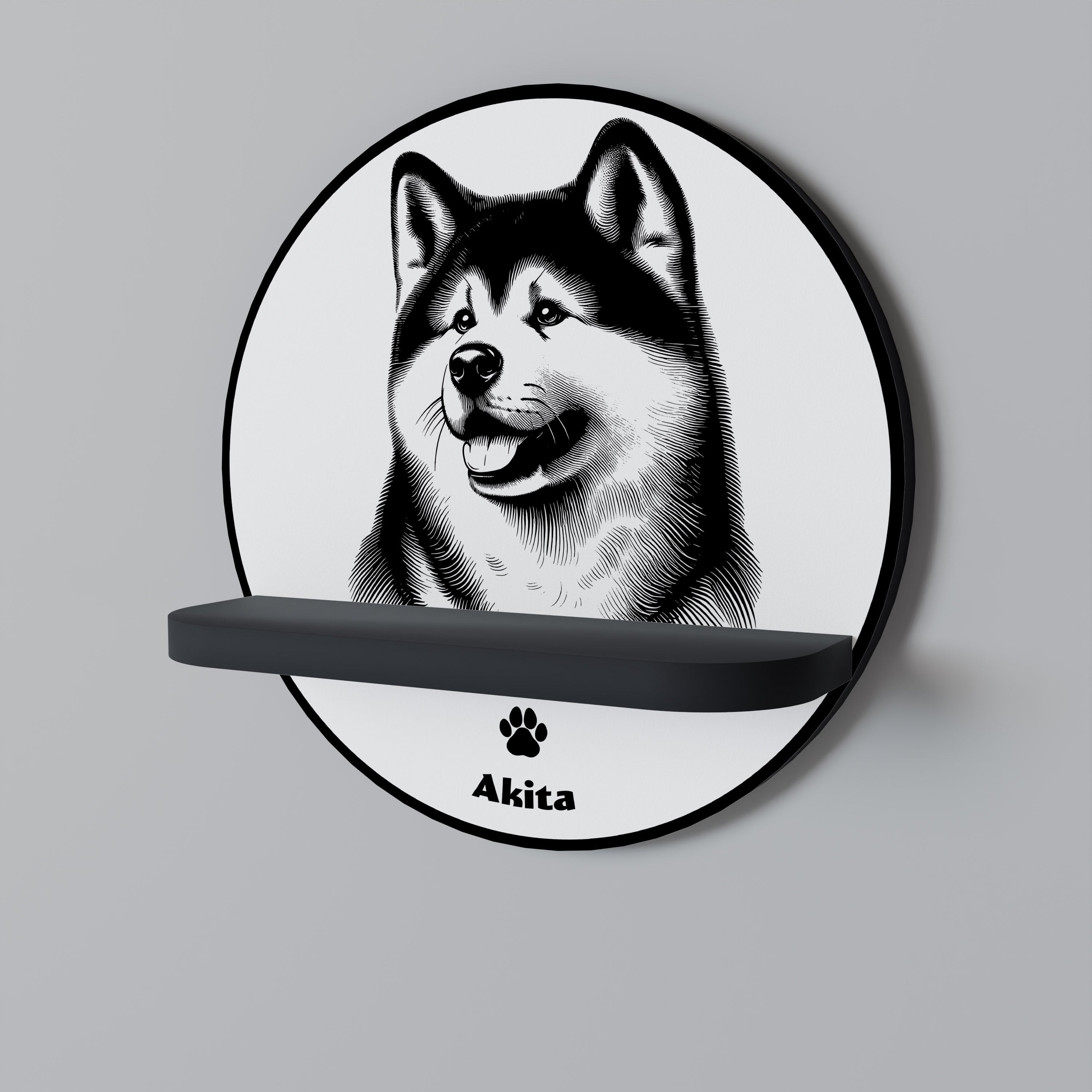 AKITA DOG Prateleira Redonda Decorativa em Acabamento Preto