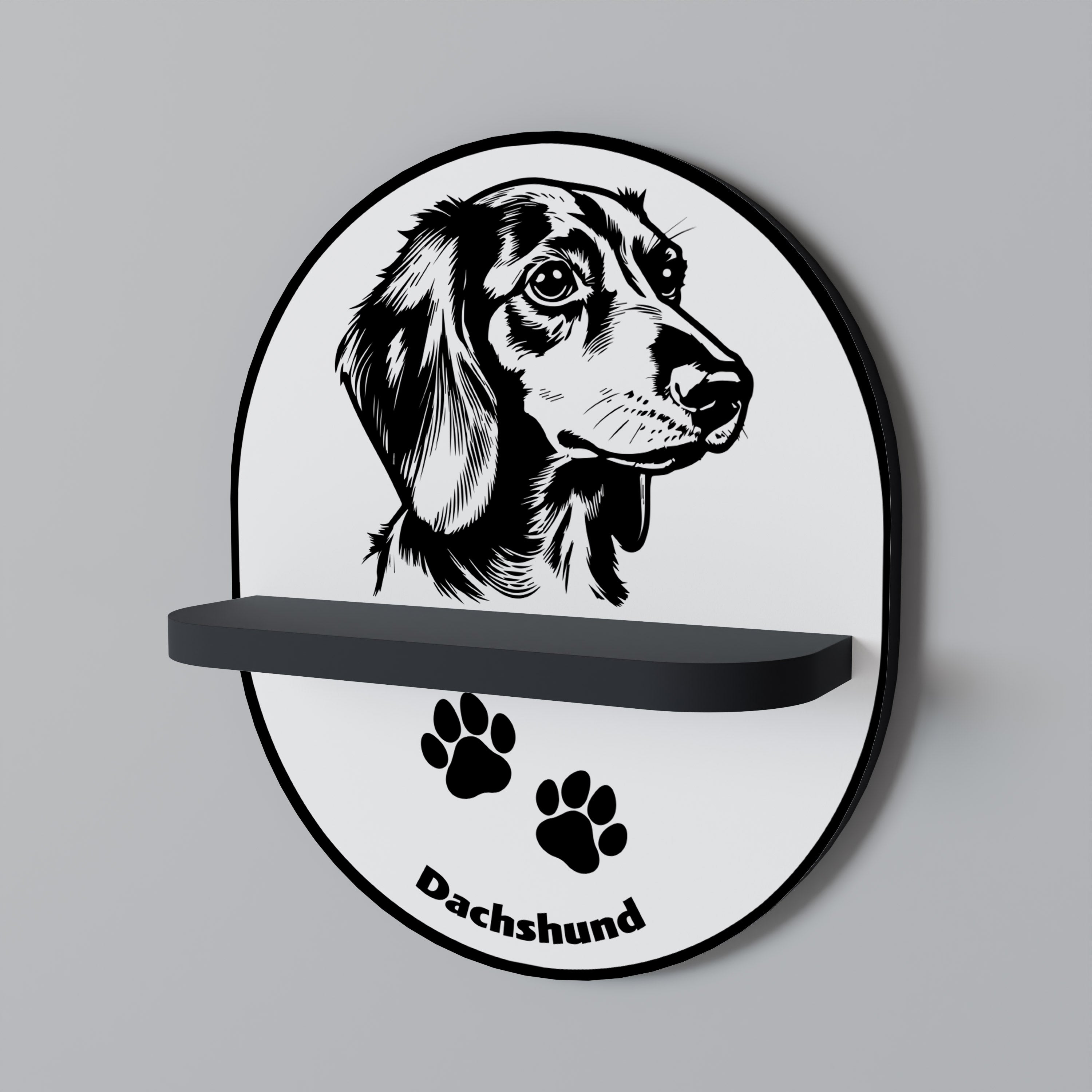 DACHSHUND DOG Prateleira Oval Decorativa em Acabamento Preto