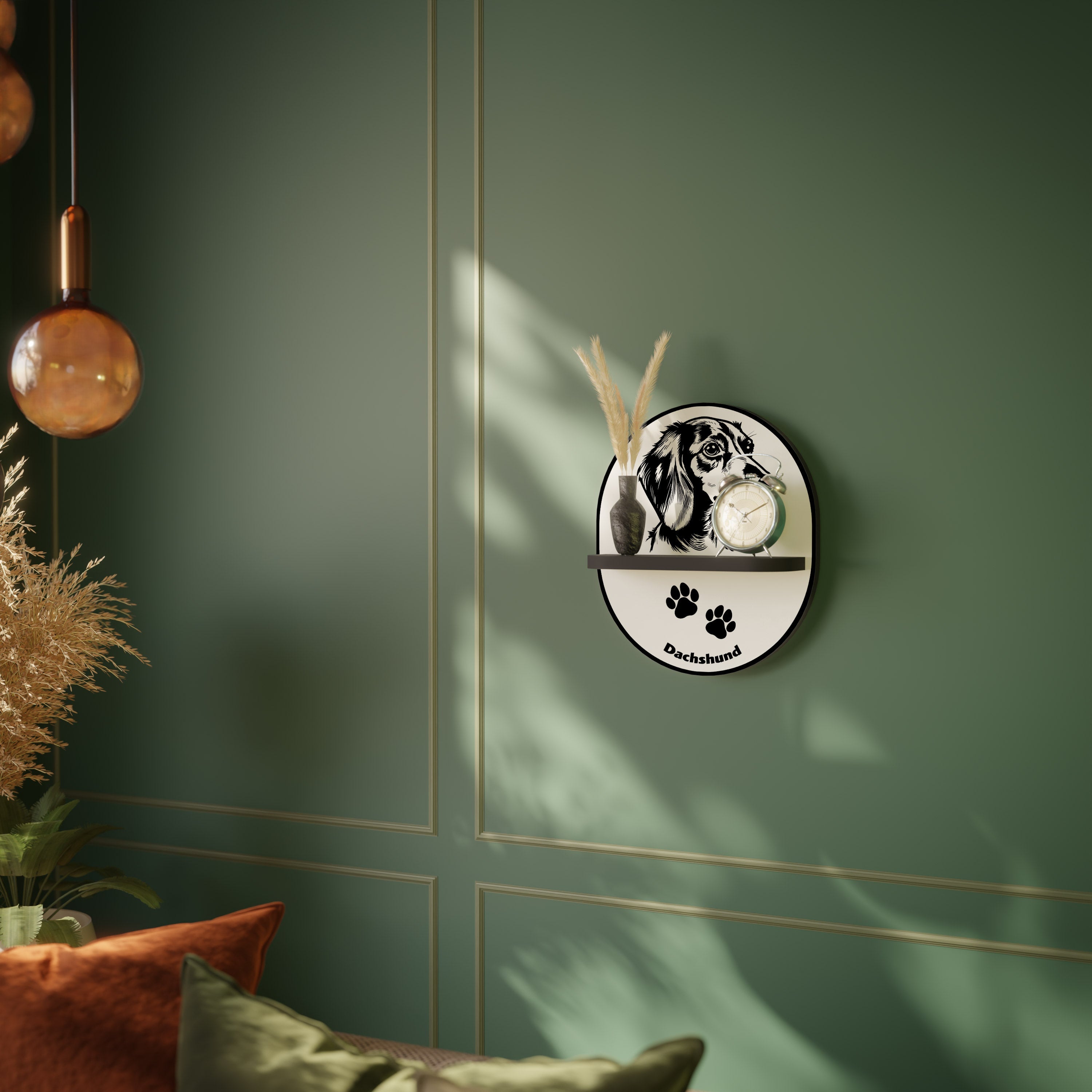 DACHSHUND DOG Prateleira Oval Decorativa em Acabamento Preto