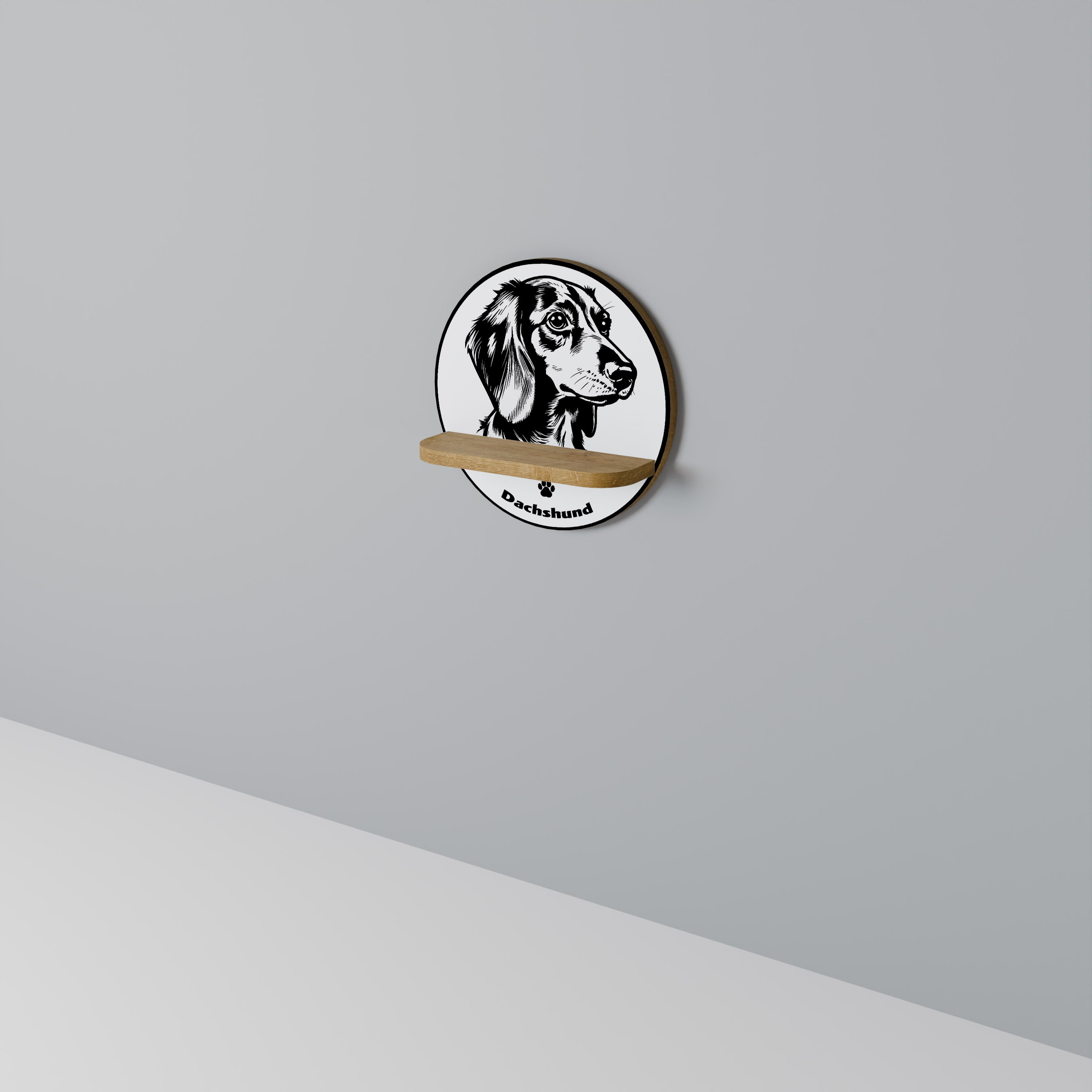 DACHSHUND DOG Prateleira Redonda Decorativa em Efeito Carvalho