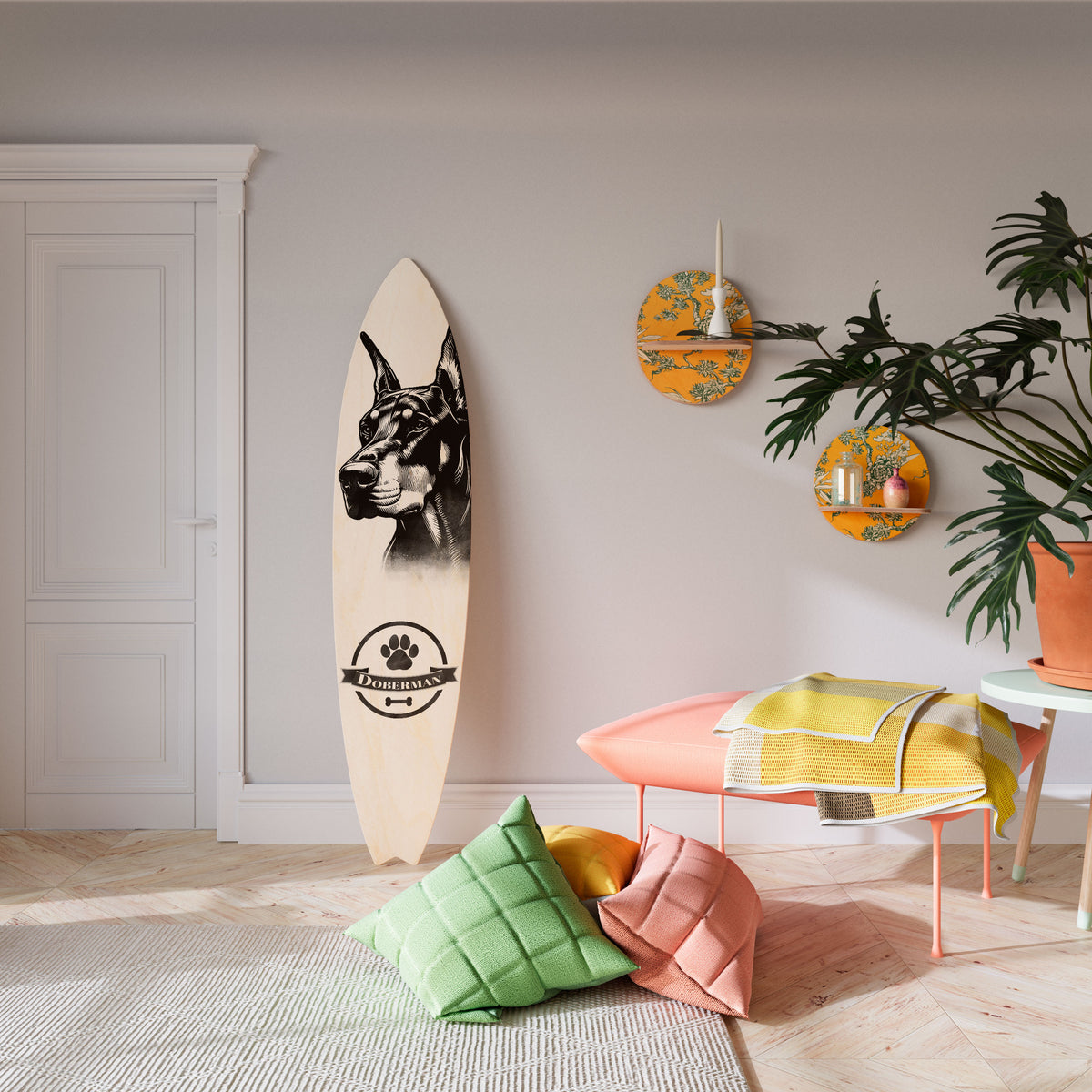 DOBERMAN DOG Painel Decorativo Prancha de Surf