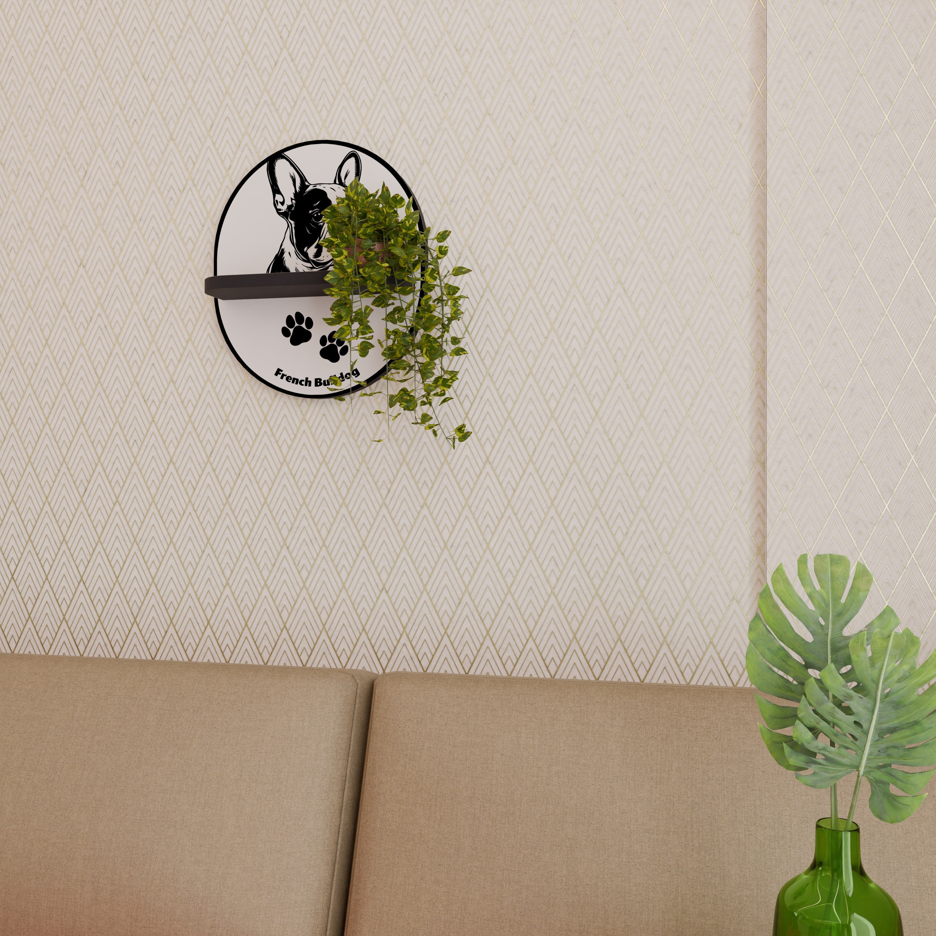 FRENCH BULLDOG Prateleira Oval Decorativa em Acabamento Preto