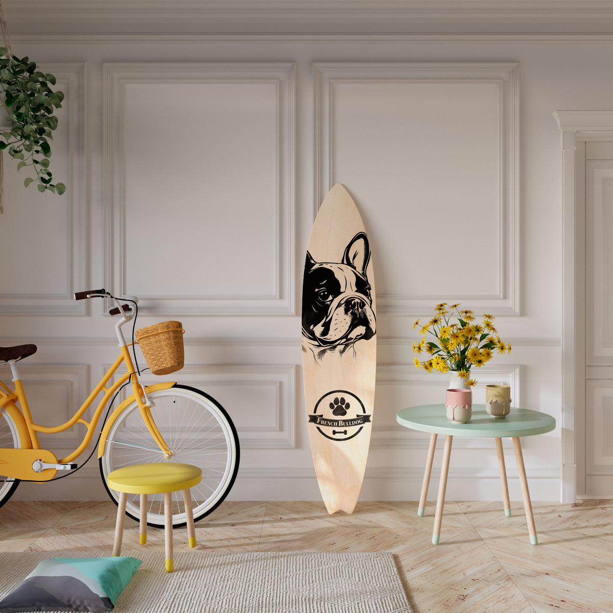 FRENCH BULLDOG Painel Decorativo Prancha de Surf