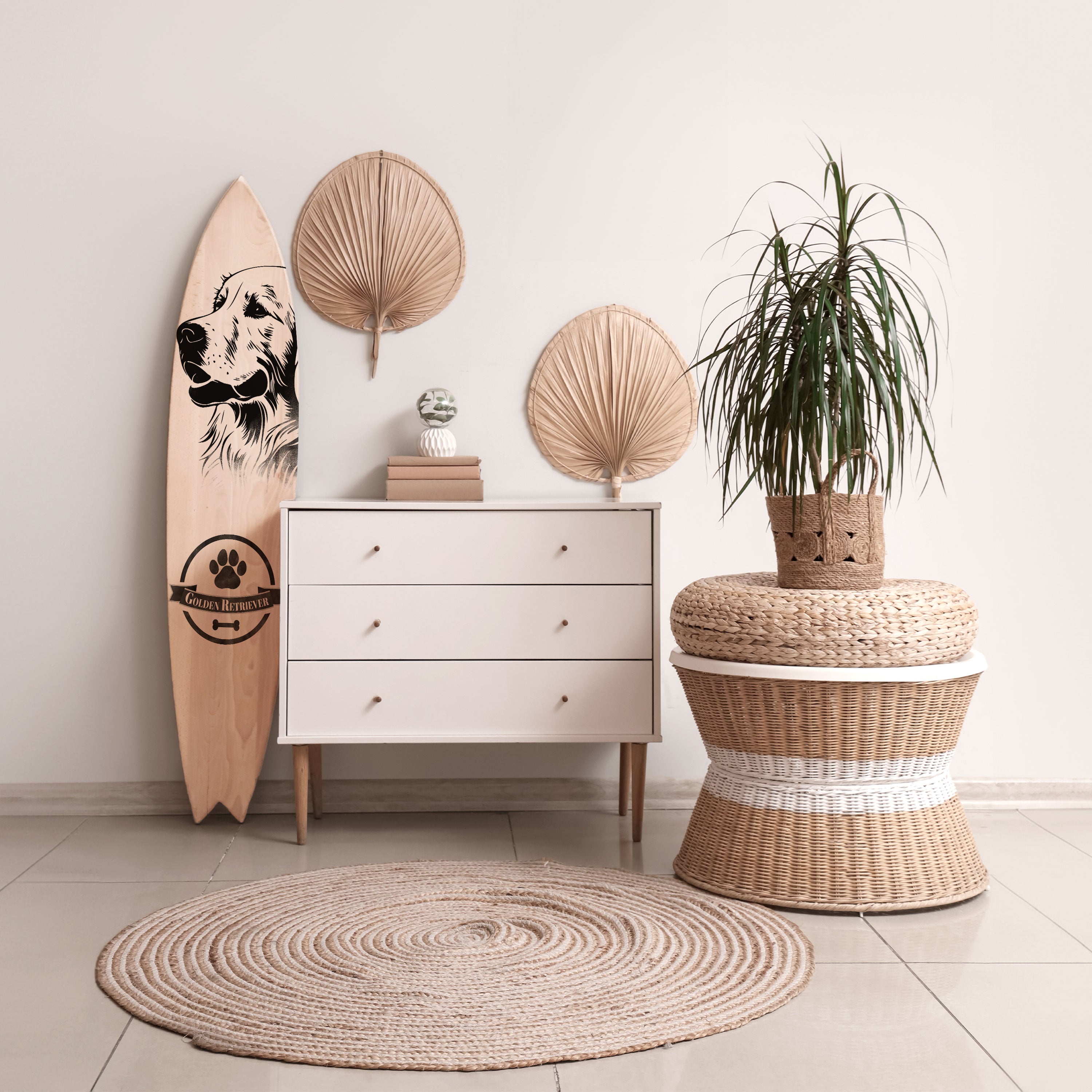GOLDEN RETRIEVER Painel Decorativo Prancha de Surf