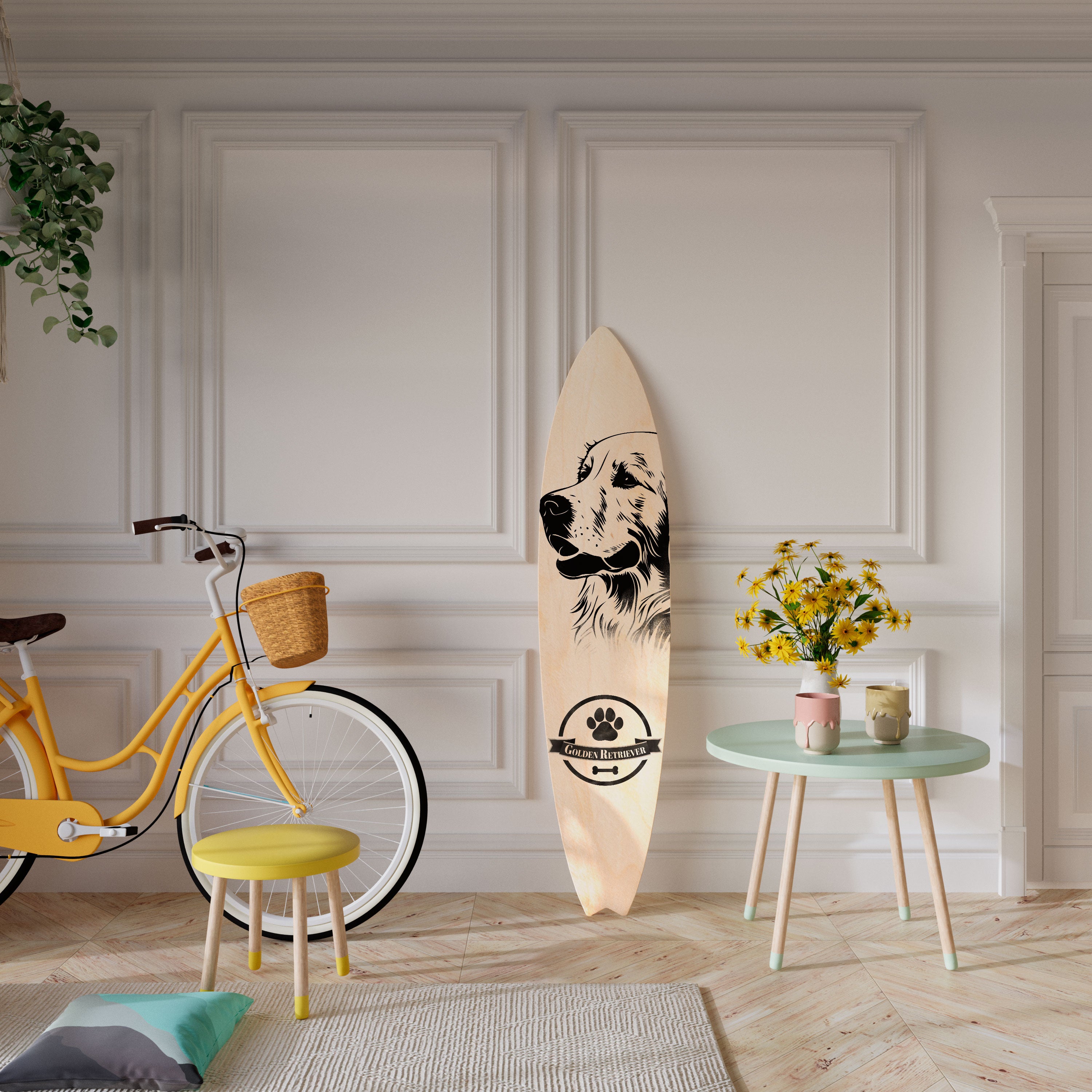 GOLDEN RETRIEVER Painel Decorativo Prancha de Surf