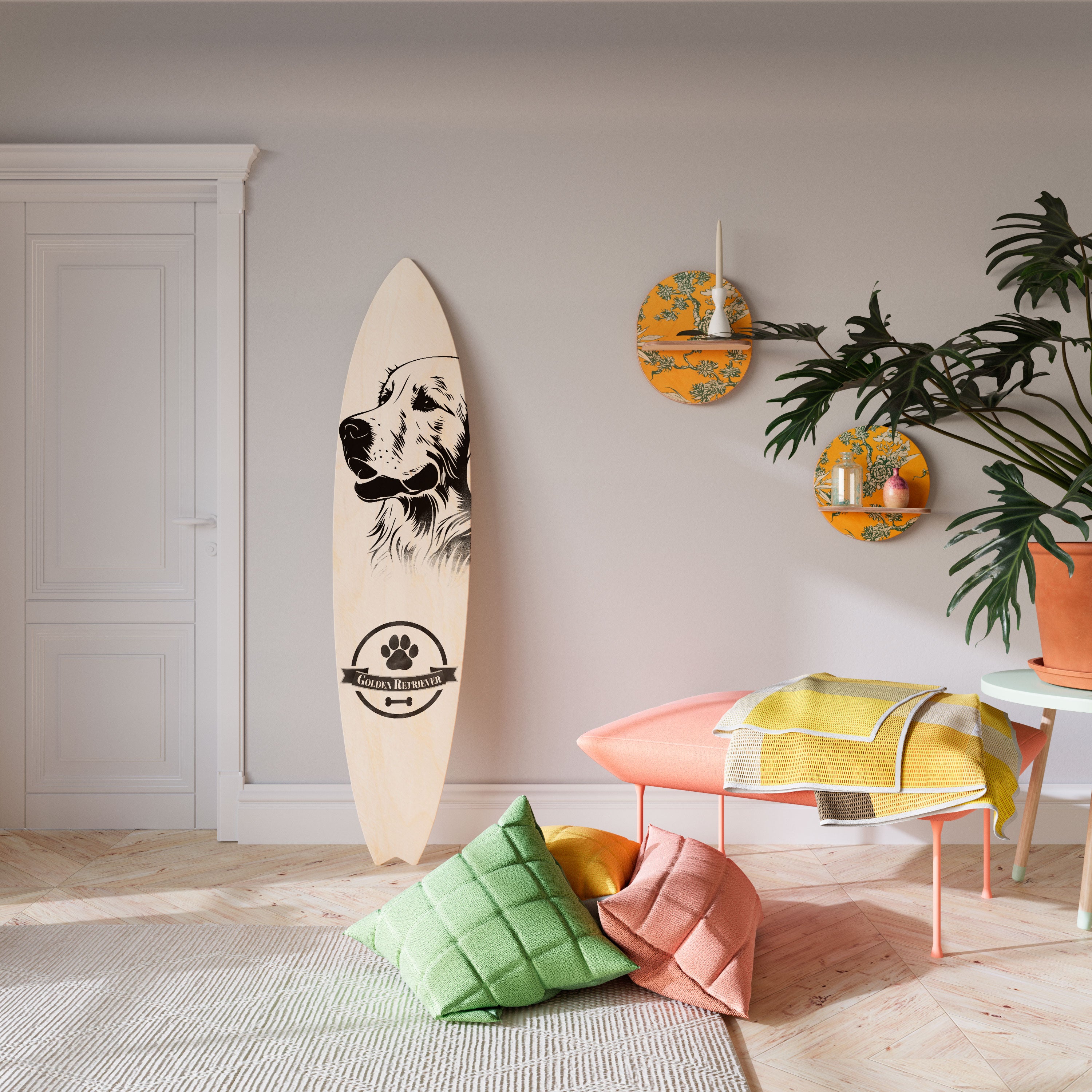 GOLDEN RETRIEVER Painel Decorativo Prancha de Surf
