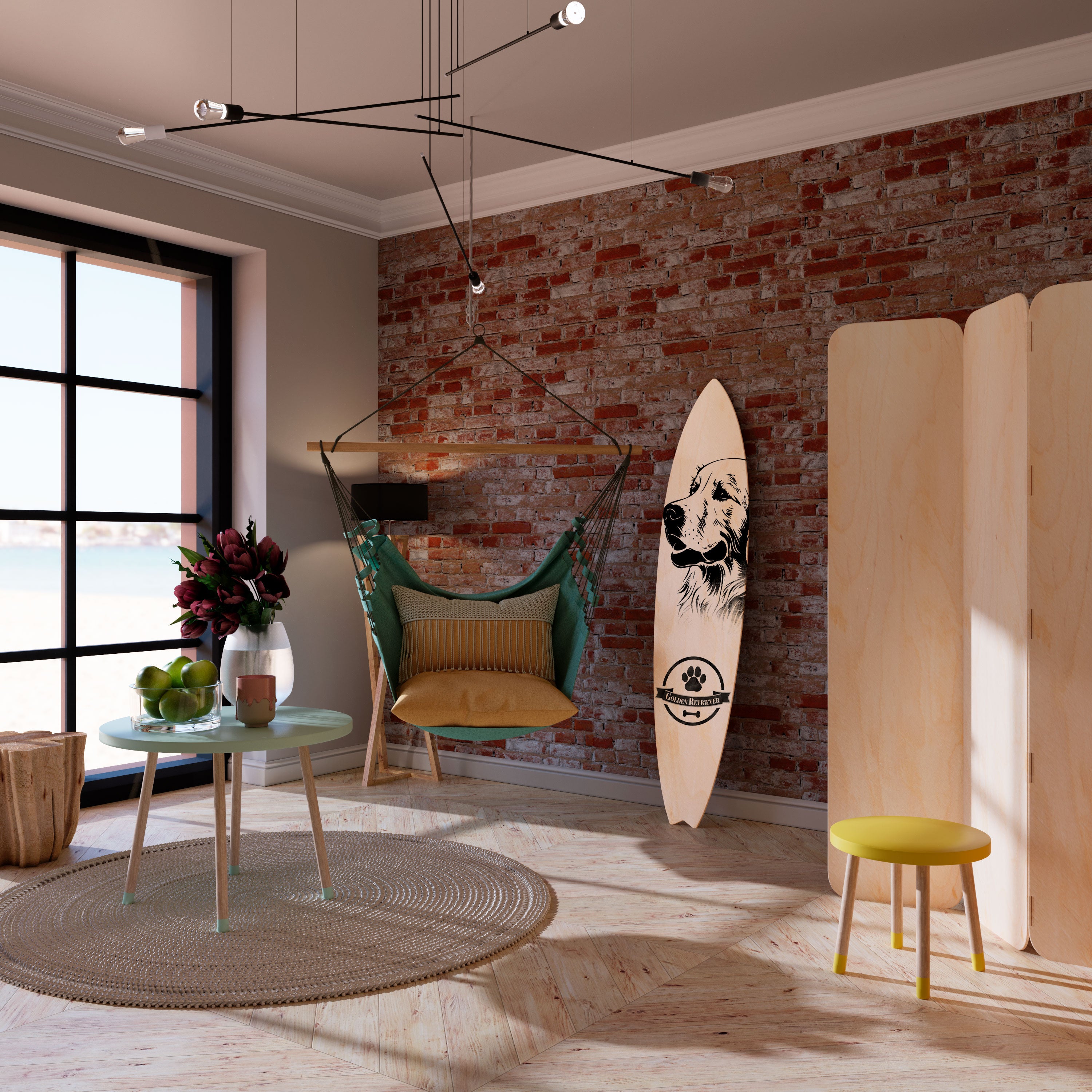 GOLDEN RETRIEVER Painel Decorativo Prancha de Surf